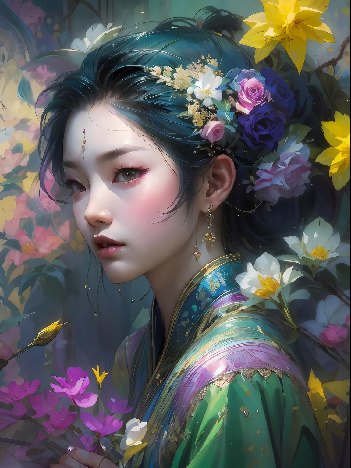 HighestQuali，tmasterpiece：1.2，Detailed details，4K，A beautiful painting of ladies，Her purple hair was surrounded by flowers, inspired by Lin Liang, Trend of CGsociety, arte figurativa, tyrus wong, daffodil, amarelo、blue and cyan colors, author：tom bagshaw, Japanese woman, Song Dynasty