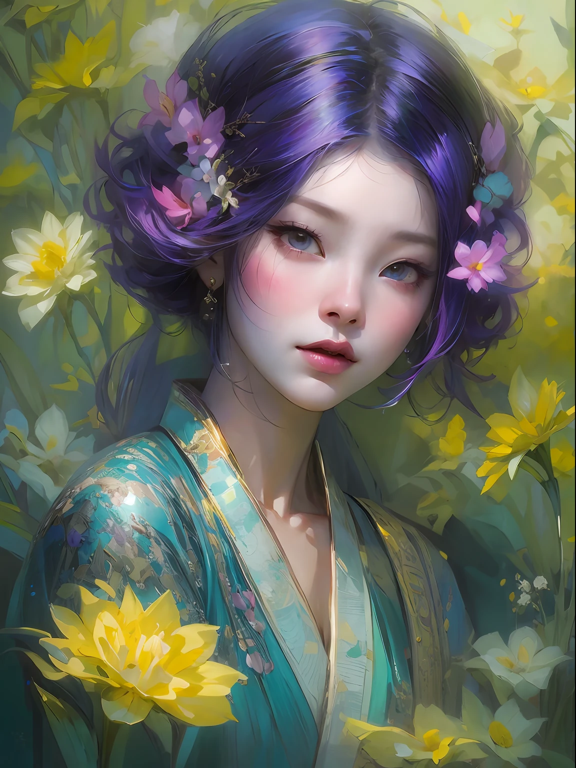 HighestQuali,tmasterpiece:1.2,Detailed details,4K,A beautiful painting of ladies,Her purple hair was surrounded by flowers, inspired by Lin Liang, Trend of CGsociety, arte figurativa, tyrus wong, daffodil, amarelo、blue and cyan colors, author:tom bagshaw, Japanese woman, Song Dynasty
