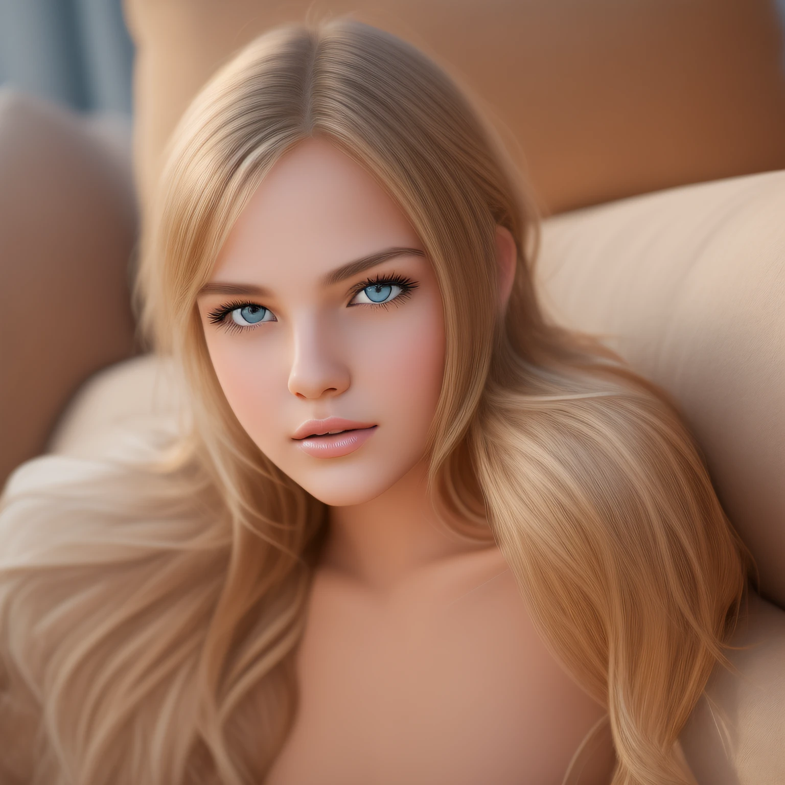 1girll,Realistic eyes and faces, Lights on your face, Valley exposure, Realistic transparent skin,Realistic glossy skin,Realistic light, bright lighting, Realistic family home living room, Realistic light beige three-person sofa, Upper body body, close-up, 8k, Raw-Photo, Top Quality, masterpiece, Photorealistic, Photo Photorealistic