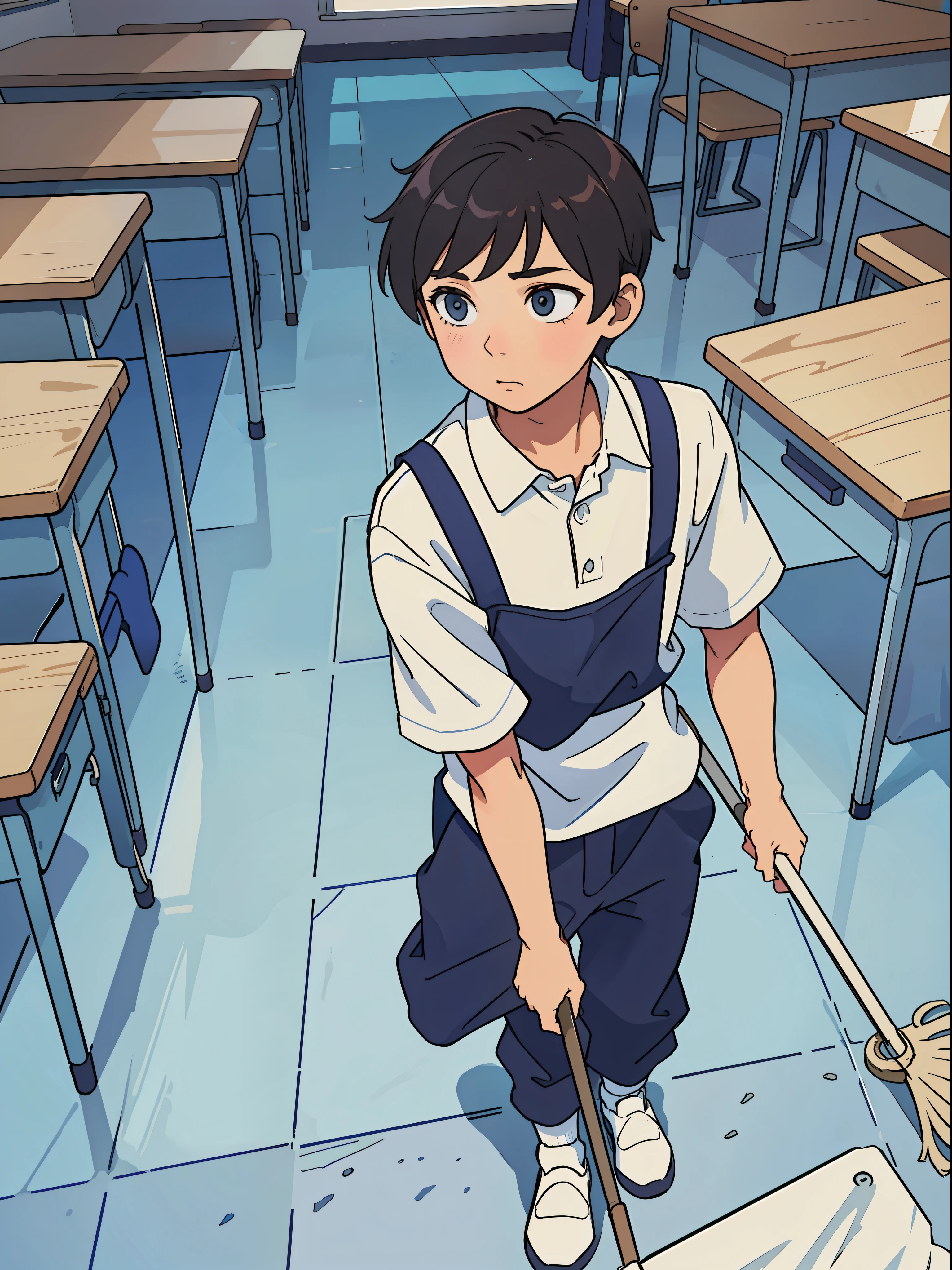 A boy mopping the floor in a classroom