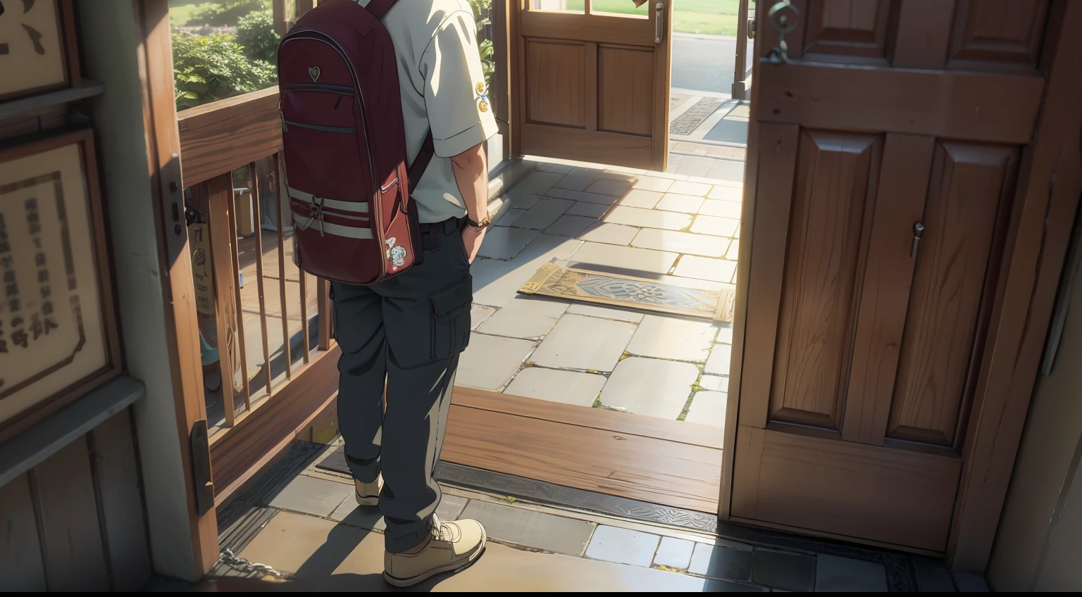 Son,A charm was posted at the door of my father's house、Own doorstep、On the gate,And holding a charm in his hand。