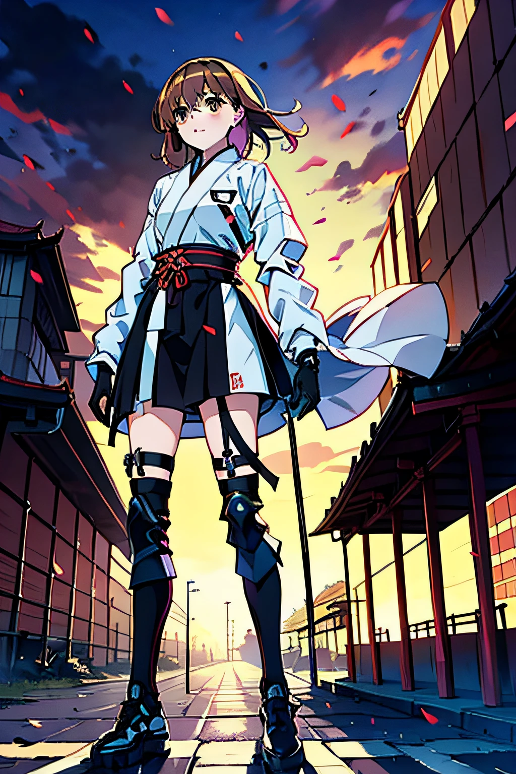 highres, best quality, masterpiece, 1girl, MSKMKT, brown eyes, standing, techwear jacket, black gloves, with buckle and tape, miko clothes, long sleeves, hakama skirt, city background, day, sunlight, wind, glass particles,