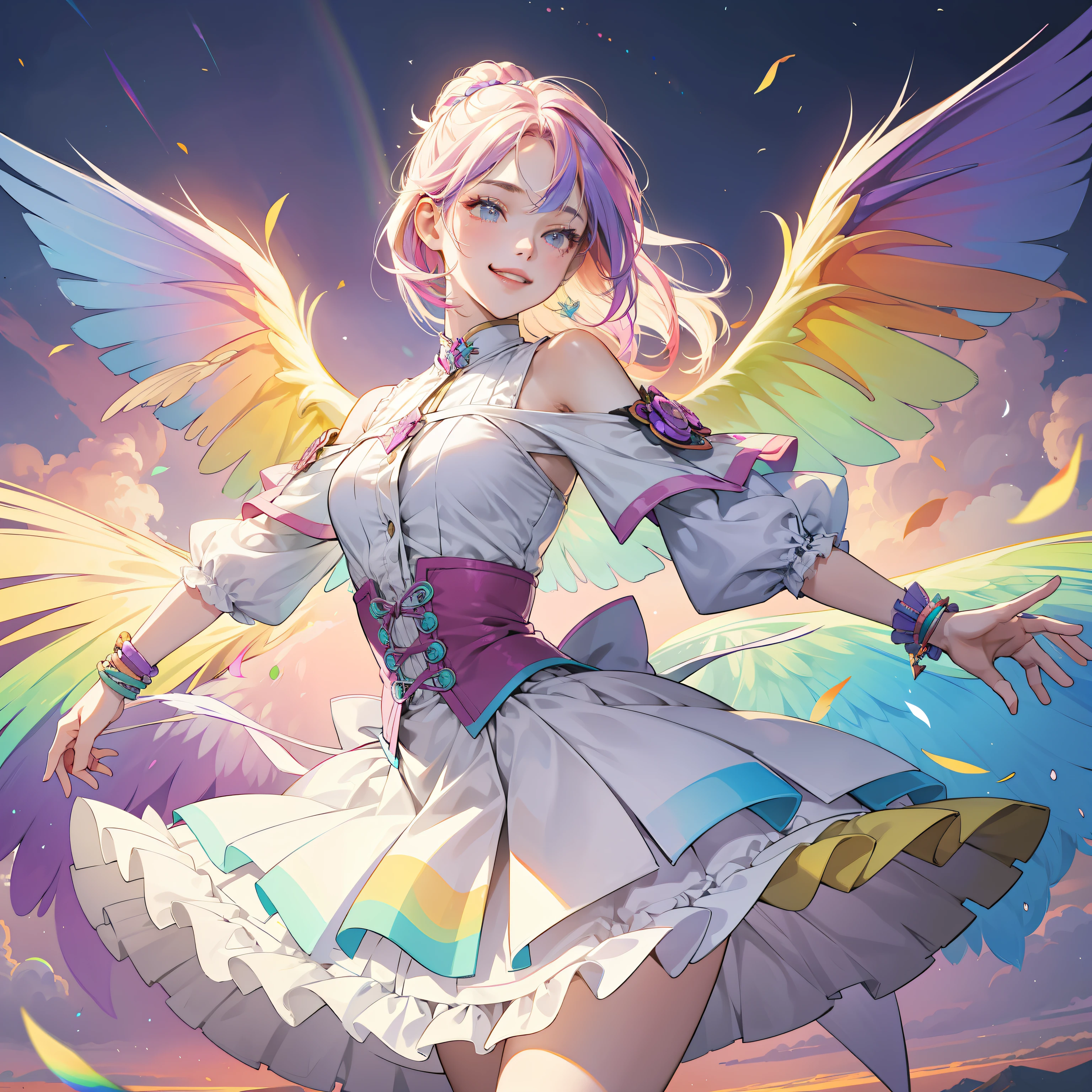 a pregirl，Gorgeous multicolored gradient large wings，large wings，Gorgeous multicolored gradient clothes，Floating in the air，The clothes are also colorful gradients，Skirt fluttering，She had a smile on her face，Extremely delicate and gorgeous，Render at ultra-high resolution，A masterpiece，The background is a rainbow