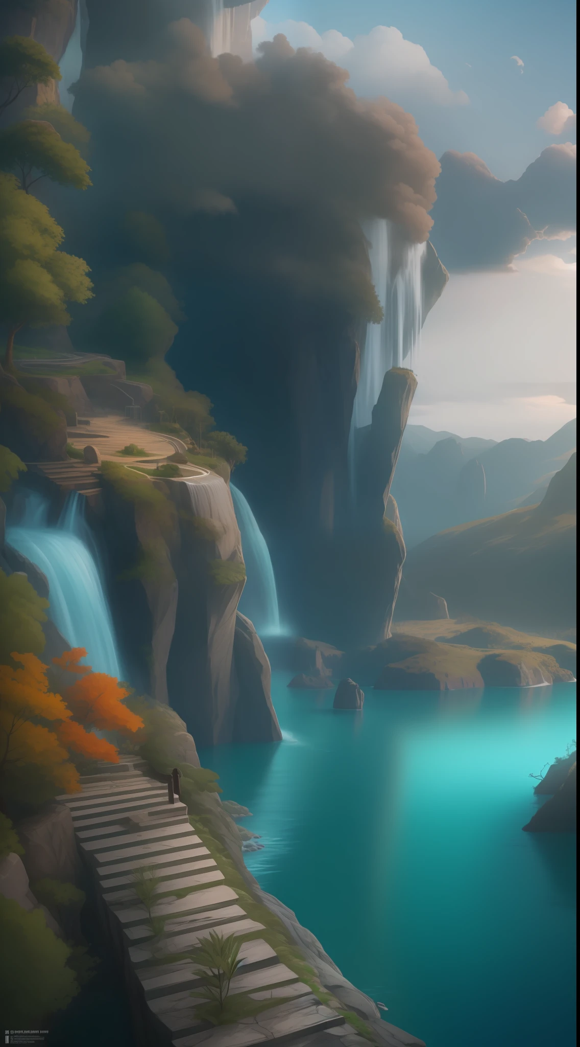 masterpiece, best quality, high quality, extremely detailed CG unity 8k wallpaper, scenery, outdoors, sky, cloud, day, no humans, mountain, landscape, water, tree, blue sky, waterfall, cliff, nature, lake, river, cloudy sky,award winning photography, Bokeh, Depth of Field, HDR, bloom, Chromatic Aberration ,Photorealistic,extremely detailed, trending on artstation, trending on CGsociety, Intricate, High Detail, dramatic, art by midjourney
