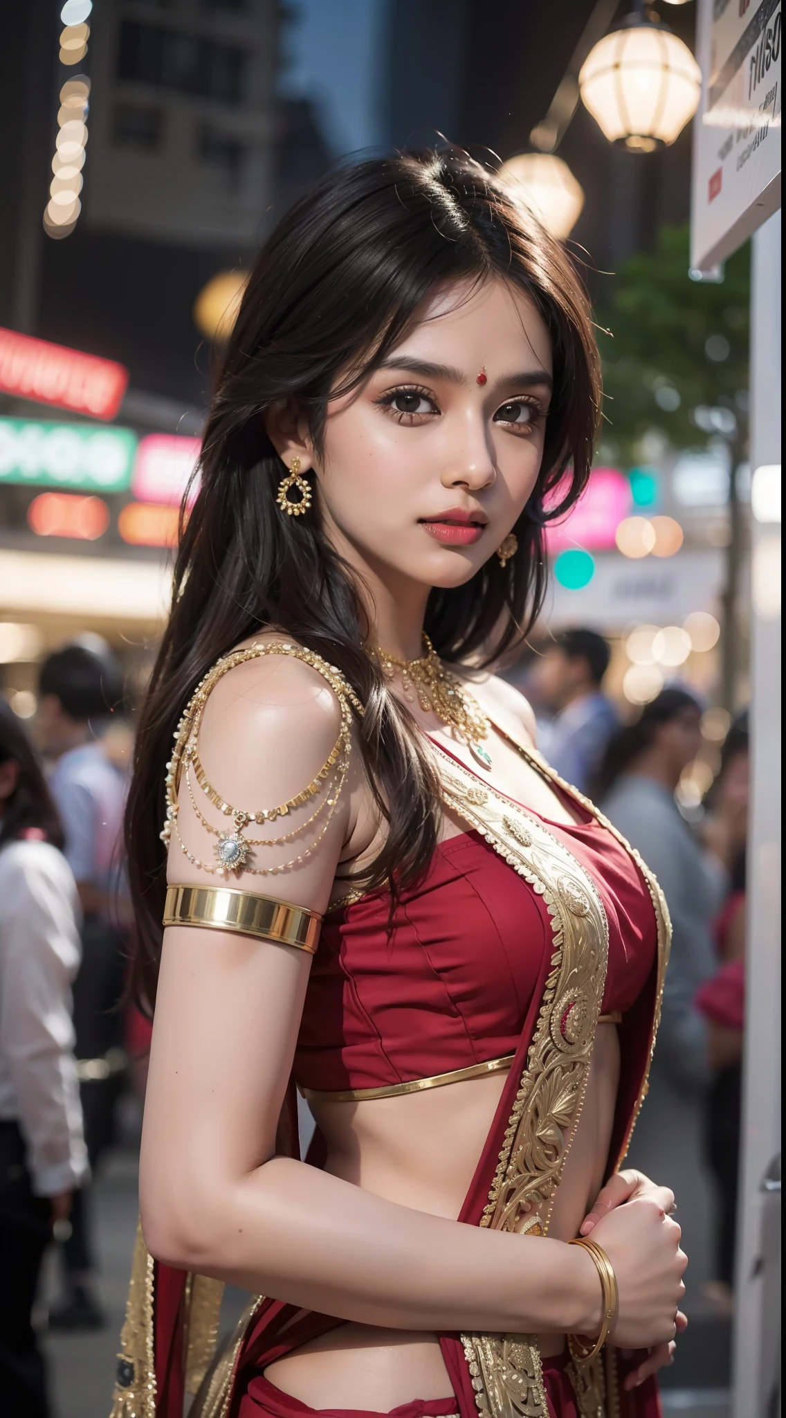 24-28 Years Old bollywood indian female fashion mode,brown skin,dressed Sari,Happy expression on face,at the night market,backlight, extremely realistic, 8k, insane details, intricate details, cinematic color graded,Color Grading, Editorial Photography, Photography,sharp focus, taken with a 60mm lens, ISO 300, f/4, 1/200th