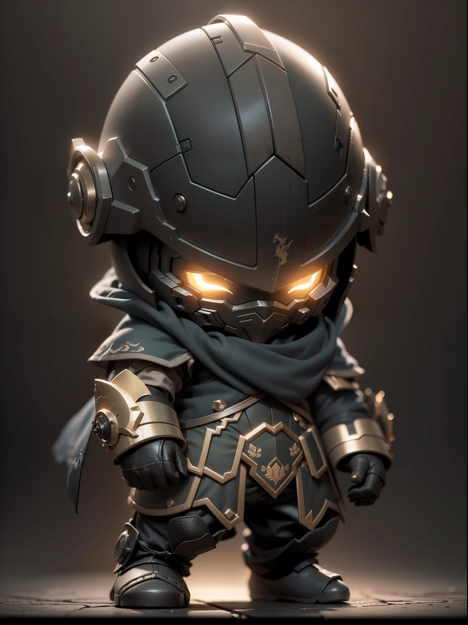 (Blind box toy style:1.2), (Full body shot) , 1 Metal cute assassin ,Metal armor, Combat damage helmet:1.2, China-style, dreamy glow, Dirty, Black background, Black gold style( Global illumination, Ray traching, hdr, unreal render,reasonable design, high detal, Masterpiece, Best quality, hyper HD, Cinematic lighting)