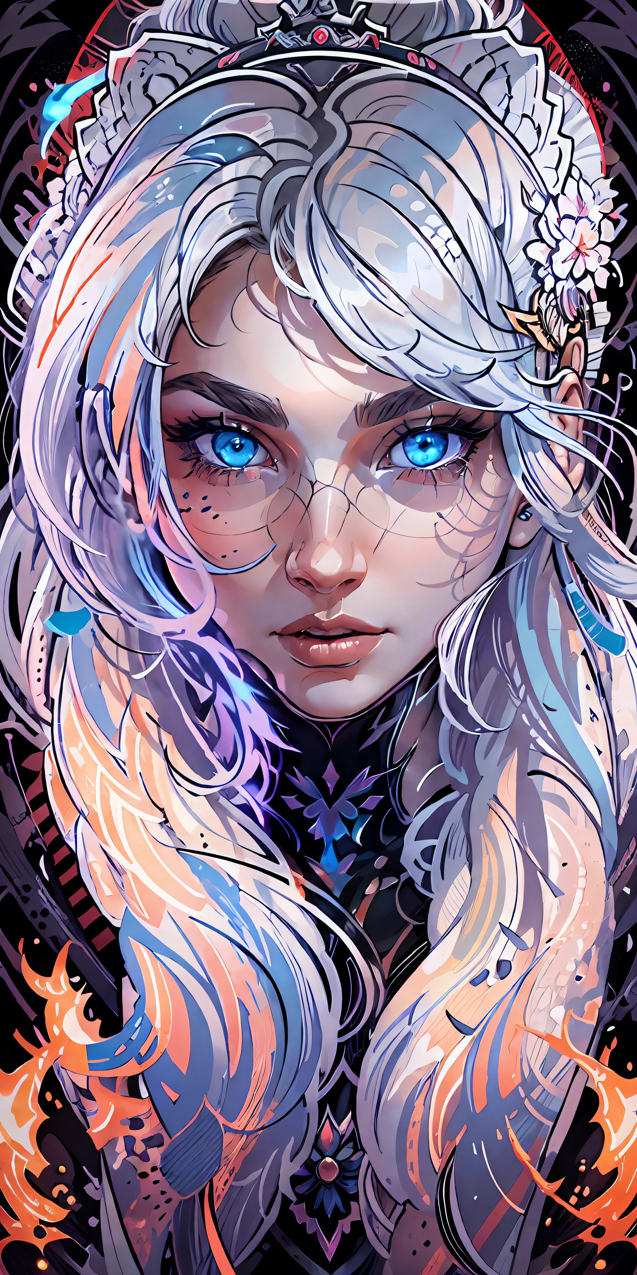 A stunning girl's face with mesmerizing blue flaming eyes, adorned with ethereal white hair, depicted in a highly-detailed and captivating vector art style, set against a striking black background, in the style of 0mib, face-focused