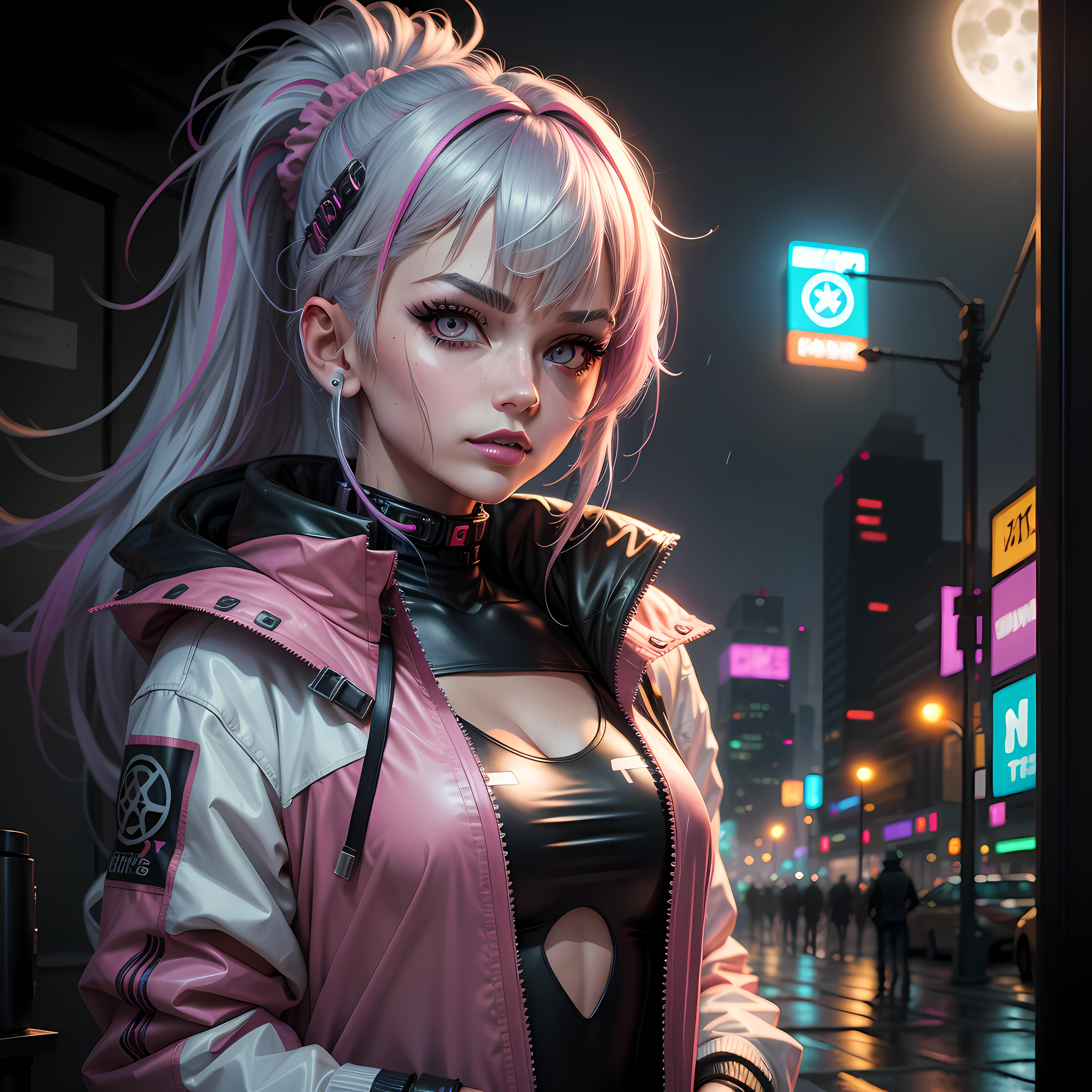 lucy \(cyberpunk\), 1girl,  hair scrunchie, hime cut, silver hair, colored tips, full moon, grey eyes, jacket, long sleeves, looking at viewer, medium hair, multicolored hair, parted bangs, parted lips, pink hair, portrait, red eyeliner, red lips, solo, white jacket, cyberpunk \(series\), rainy night in a cyberpunk city with glowing neon lights