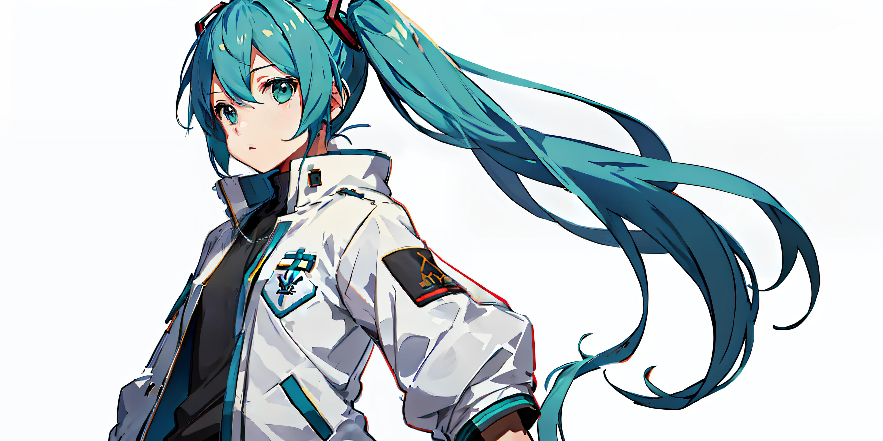 Cotton jacket, Hatsune Miku, white background, standing, best quality (1.3), masterpiece (1.2), character sheet