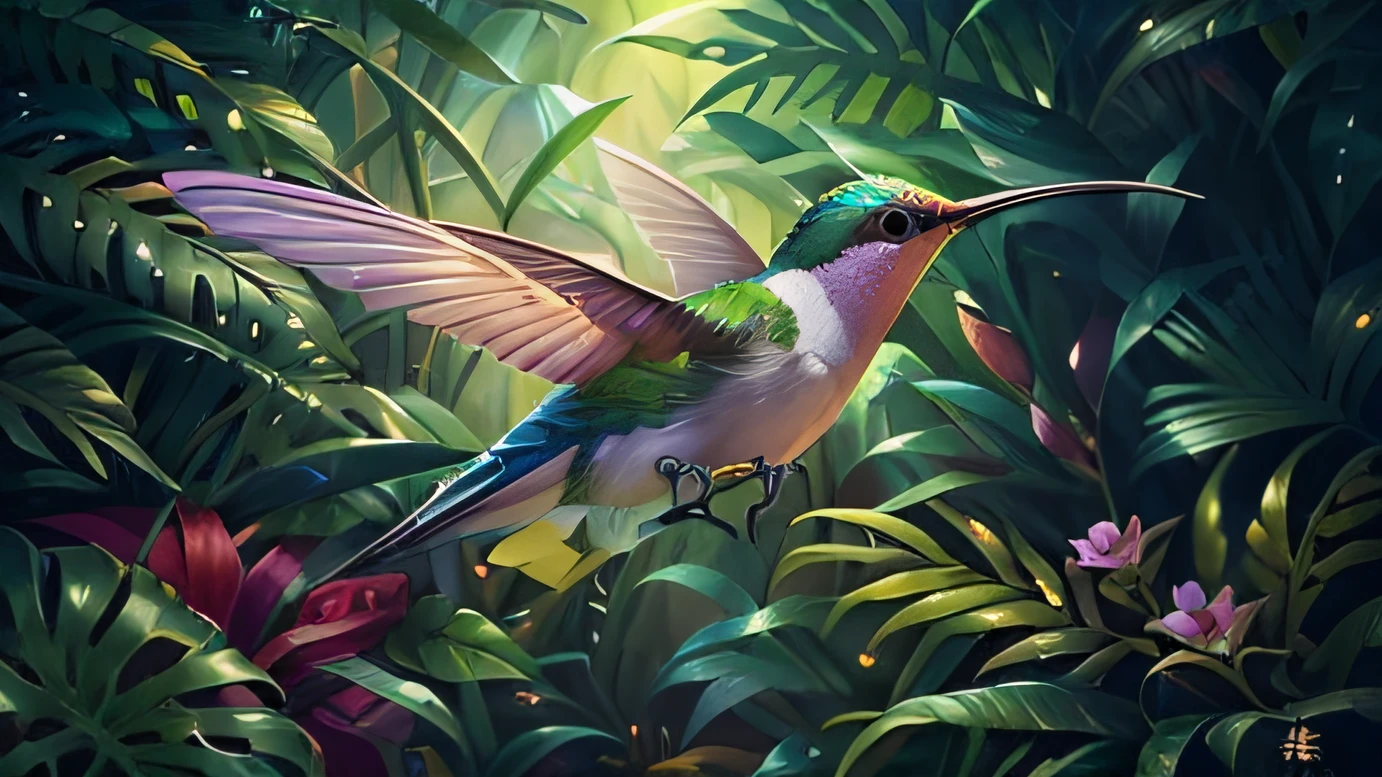 There is a bird flying in the air in the jungle, birds f cgsociety, Fantasy art Behance, Beautiful digital artwork, Paintings of hummingbirds, lovely digital painting, Cute detailed digital art, Detailed digital 2D fantasy art, collectible card art, rare bird in the jungle, author:Chen Jiesheng, Digital 2D fantasy art, Epic fantasy digital art style