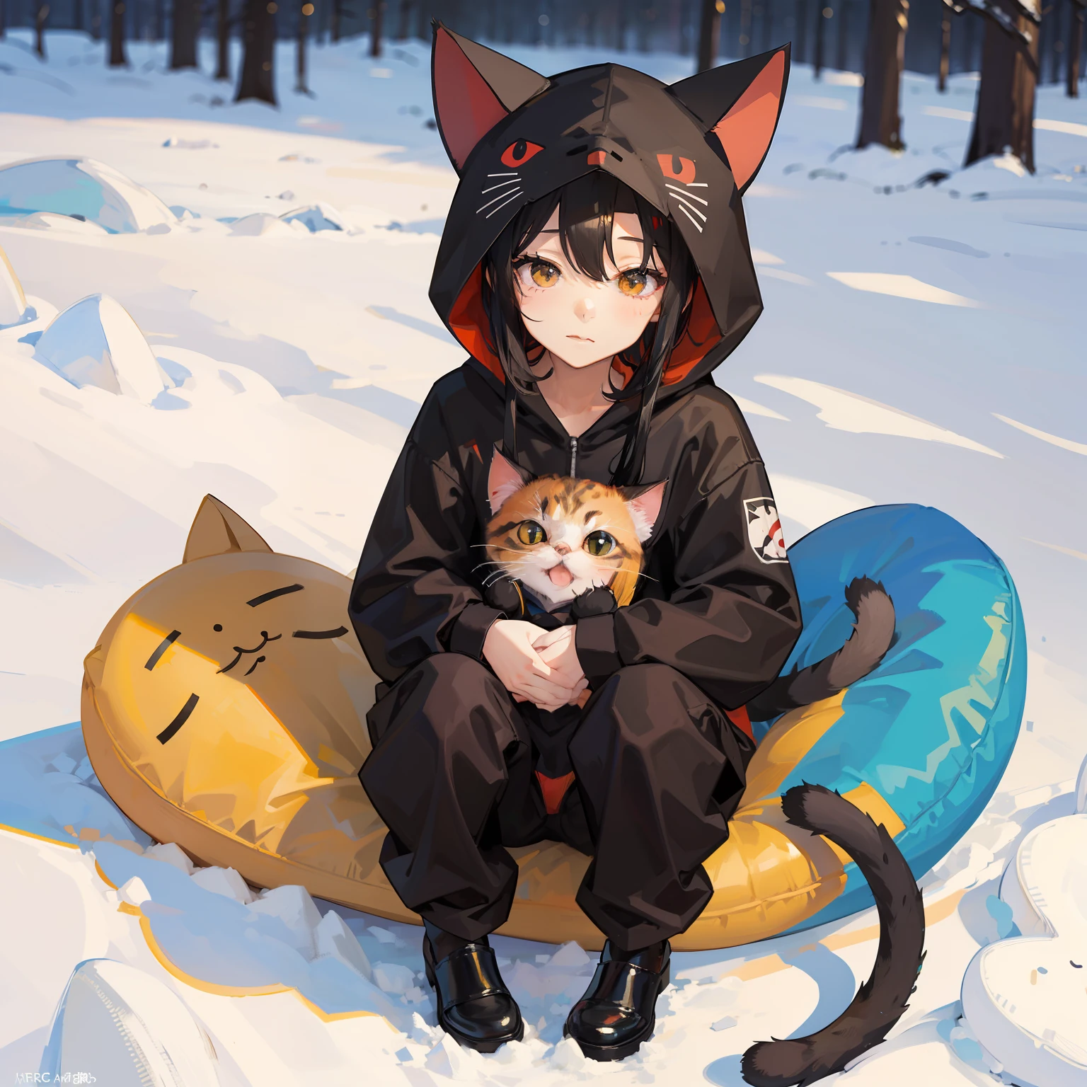masterpiece、hightquality、vivd colour、(((Long Black Hair)))、(((Kigurumi the cat)))、((()))