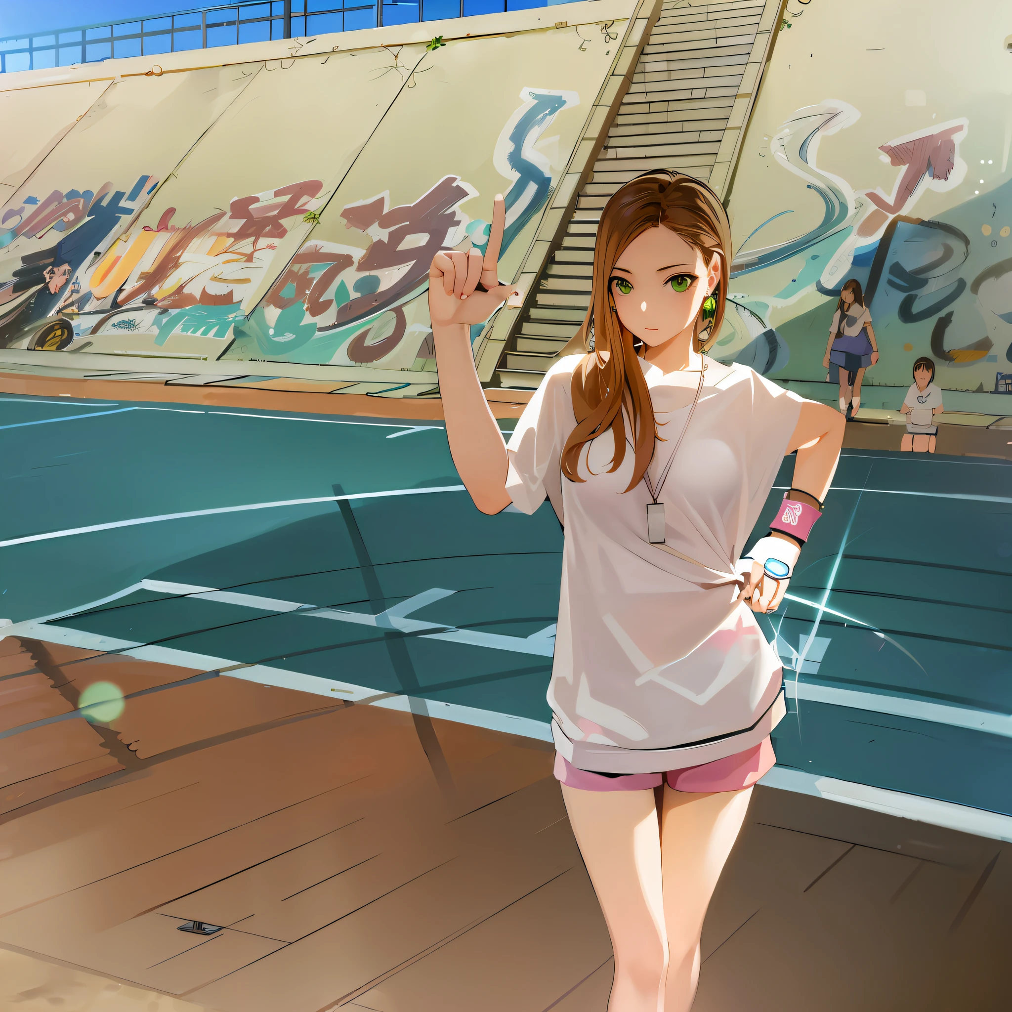 Anime girl holding tennis racket and ball on tennis court, volley court background, Smooth anime CG art, realistic anime style at pixiv, drawn in anime painter studio, Digital anime art, Digital anime illustration, anime styled digital art, made with anime painter studio, realistic anime artstyle, Digital anime art!!, urban girl fanart, Digital art on Pixiv