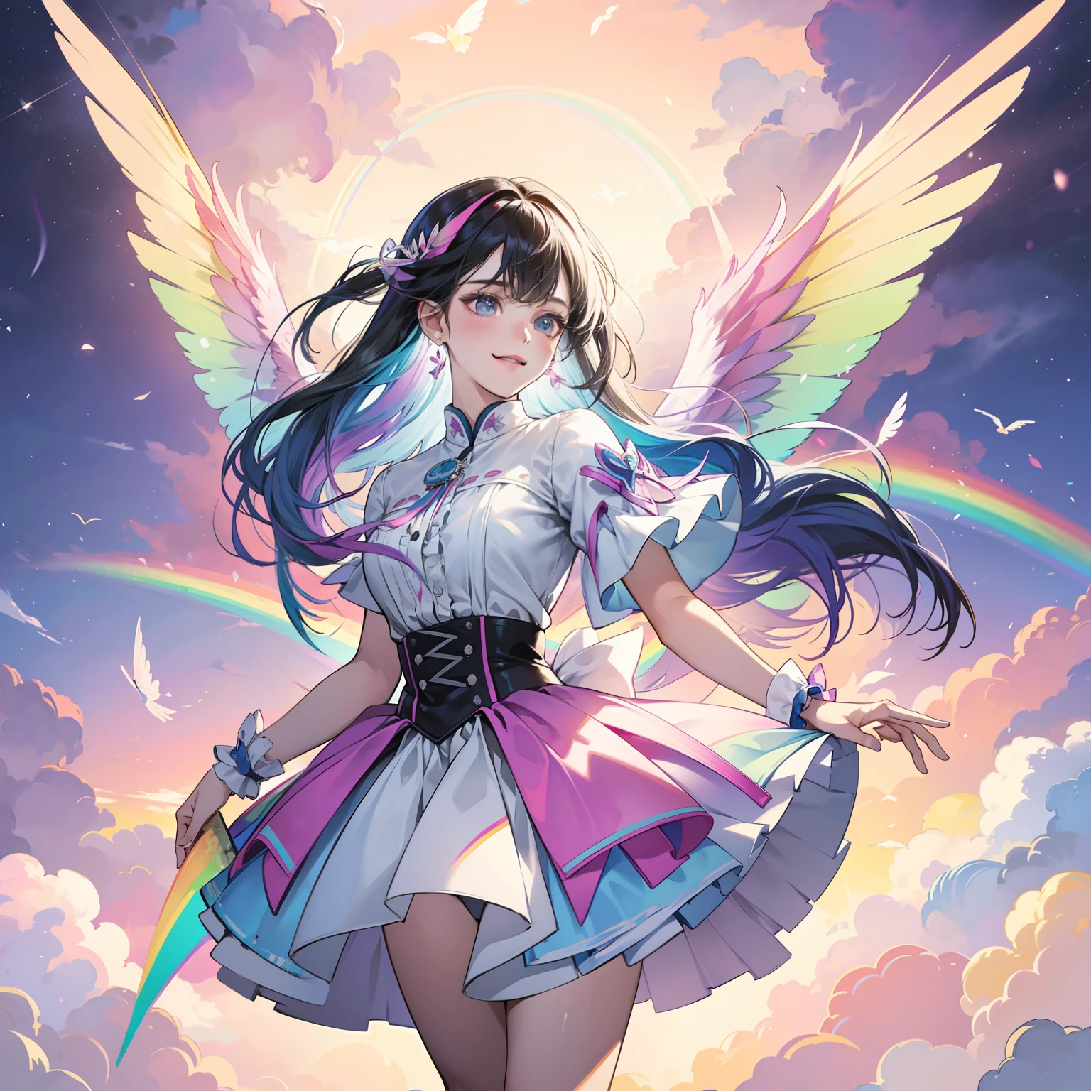 a pregirl,Gorgeous multicolored gradient large wings,large wings,Gorgeous multicolored gradient clothes,Floating in the air,The clothes are also colorful gradients,Skirt fluttering,She had a smile on her face,Extremely delicate and gorgeous,Render at ultra-high resolution,A masterpiece,The background is a rainbow