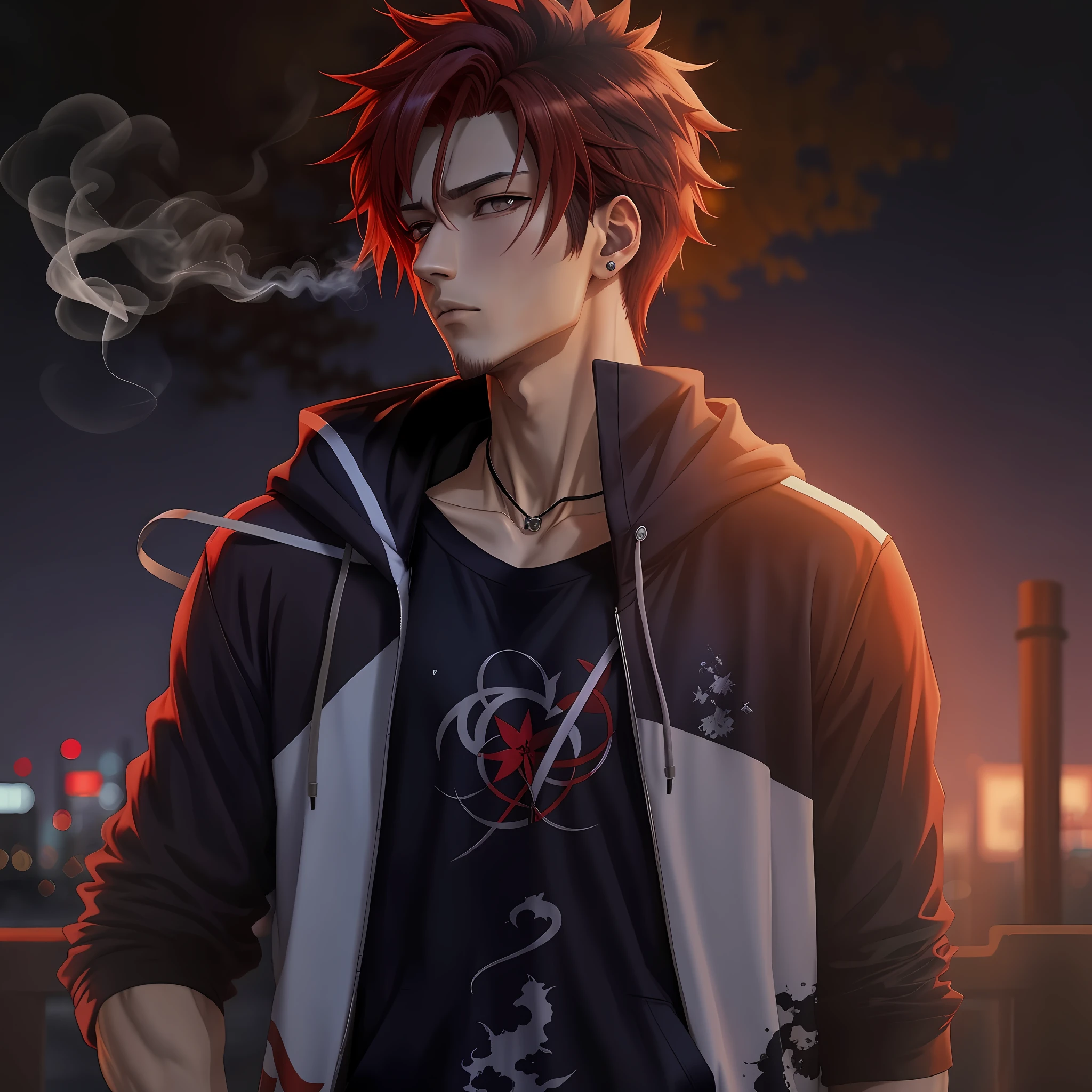 Anime man with red hair and hoodie smoking, Badass anime 8 K, Anime handsome man, 4K anime wallpaper, Anime wallpaper 4 k, Anime wallpaper 4K, Handsome anime pose, hd anime wallaper, gendo ikari smoking a joint, Anime boy, young anime man, male anime character, anime wallaper, Male anime style,Back against the fence,Cigarette in hand,choker necklace,Spit smoke