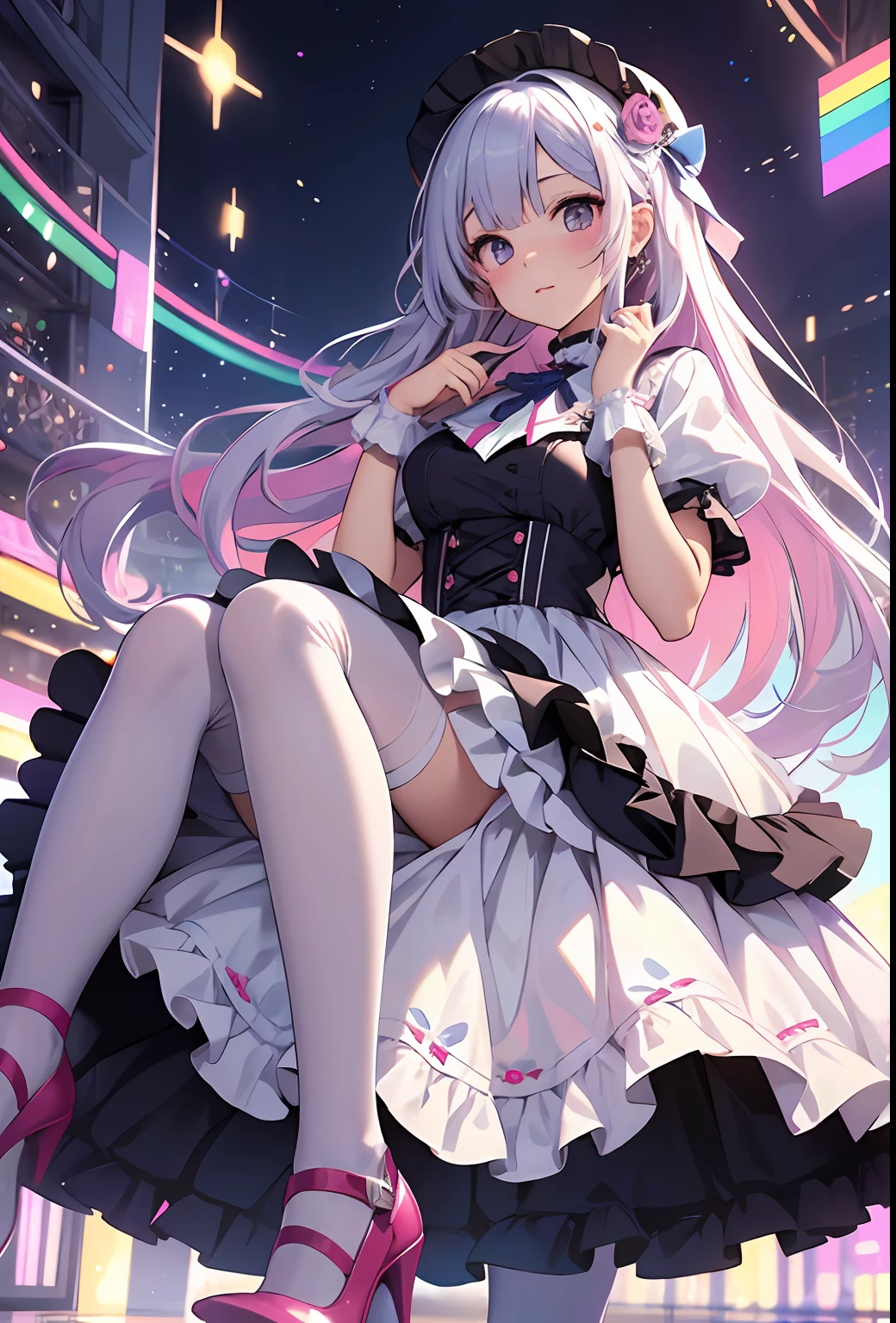 best qualityer,tmasterpiece,Ultimate resolution,downy,Extremely colorful,Colorful,Big high school girl,ta long dress, white stockings,Muffin shoes