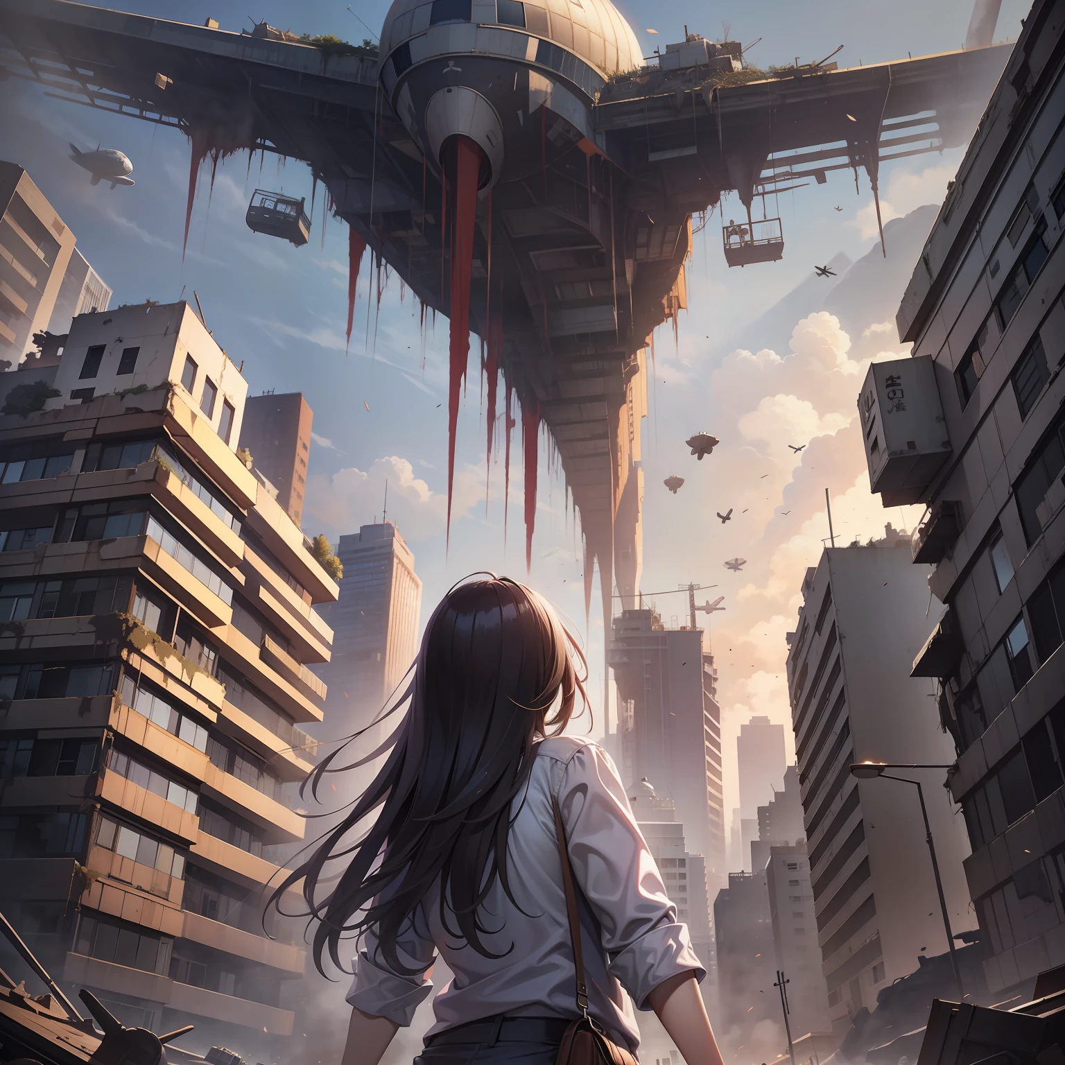 Huge transport aircraft in the air,Over the city,Dilapidated high-rise buildings,废墟,blasts,A woman volleys next to the plane