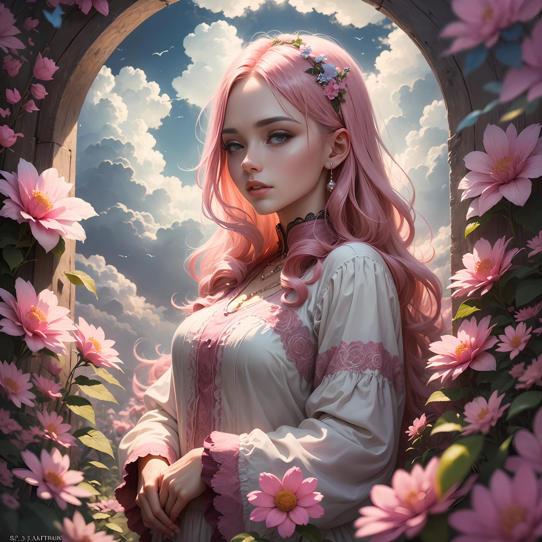 Beautiful 30 years old lady, pink hair, cloudy sky, surrounded by pink and blue flowers --auto --s2