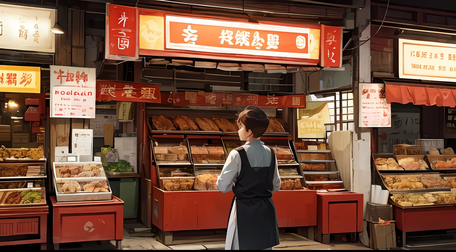 人物：

Chen Jianghai（male people）
Butcher stall owner（Gender unspecified）
Scenes：

Meat stalls in the wet market：Chen Jianghai buys pork belly in front of the meat stall。