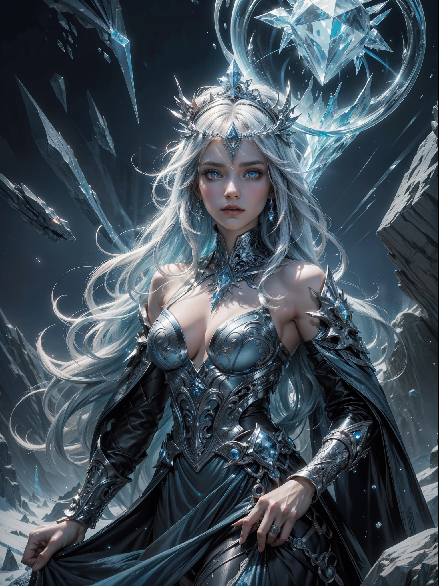 high details, best quality, 8k, [ultra detailed], masterpiece, best quality, (extremely detailed), dynamic angle, ultra wide shot, photorealistic, fantasy art, dnd art, rpg art, realistic art, an ultra wide picture of a female human (1.5 intricate details, Masterpiece, best quality) godess of ice  ((icy magical aura)), controlling a swirling icy blue magic (1.5 intense details, Masterpiece, best quality), manipulating [[magical ice magical symbols]] (1.5 intricate details, Masterpiece, best quality), human female, silver  hair, long hair with icy aura, hair with freezing  touch, cold eyes, intense eyes, ((icy eyes)), ((glowing blue eyes)), dynamic clothing, fantasy glacier background, ((divine worship atmosphere)), high details, best quality, highres, ultra wide angle