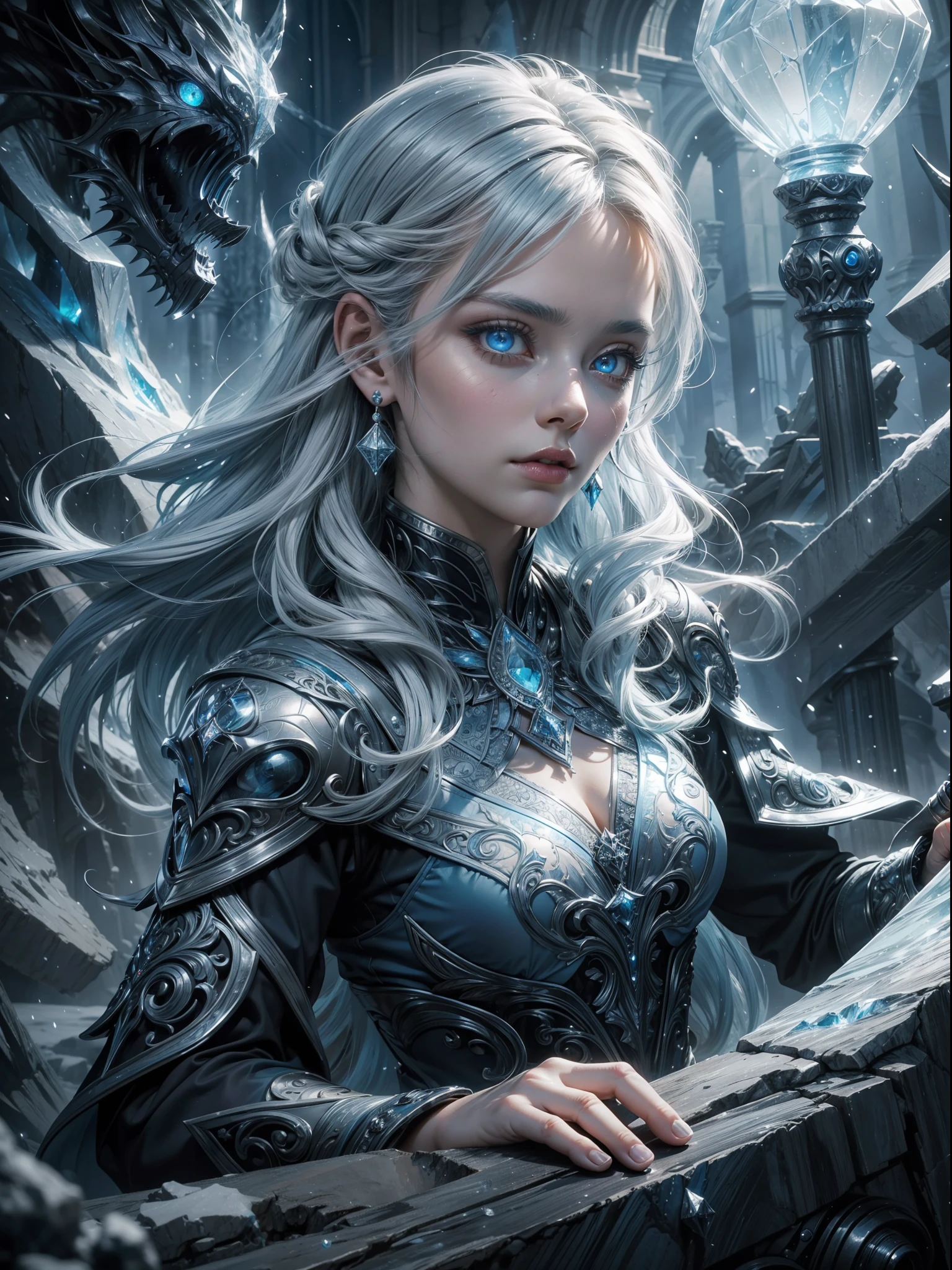 high details, best quality, 8k, [ultra detailed], masterpiece, best quality, (extremely detailed), dynamic angle, ultra wide shot, photorealistic, fantasy art, dnd art, rpg art, realistic art, an ultra wide picture of a female human (1.5 intricate details, Masterpiece, best quality) godess of ice  ((icy magical aura)), controlling a swirling icy blue magic (1.5 intense details, Masterpiece, best quality), manipulating [[magical ice magical symbols]] (1.5 intricate details, Masterpiece, best quality), human female, silver  hair, long hair with icy aura, hair with freezing  touch, cold eyes, intense eyes, ((icy eyes)), ((glowing blue eyes)), dynamic clothing, fantasy glacier background, ((divine worship atmosphere)), high details, best quality, highres, ultra wide angle