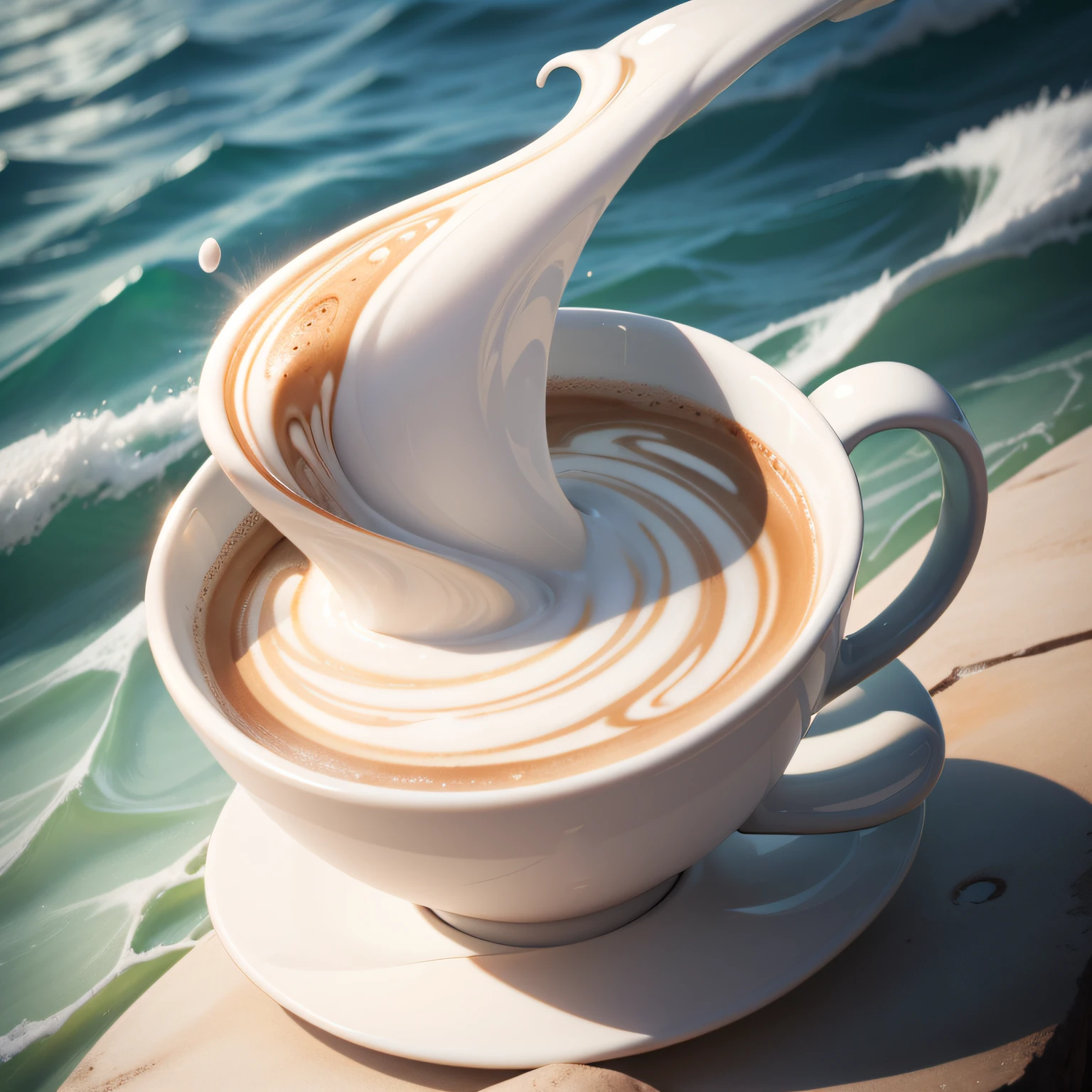latte,The shape of a silky water flow,Spurts out to form lines,Pour into a cup from a high place,Solid white
