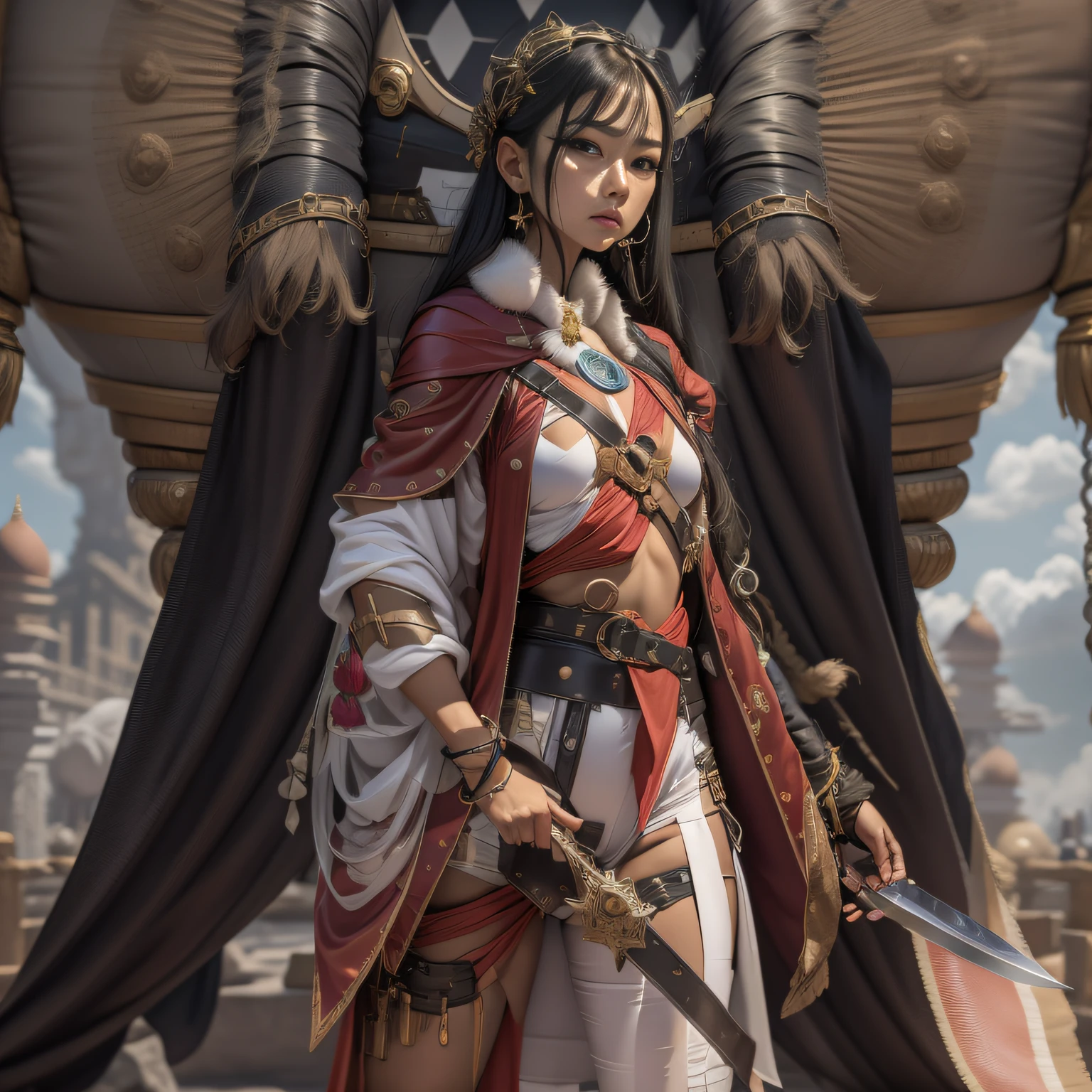 3 d model,Caramel macchiato, arma, The sword, halter, holdingweapon, 32K, Linen cloak, Top quality, Masterpiece:Faust,,1 child, long whitr hair, clouds, On your stomach, (tmasterpiece,k hd,hyper HD,16k),clutching a sword, buliding, Reflectors, bloods, Eastern Asia, Weapon focus, Skysky, brunette color hair, knifes, trouser, firey, banya, The clothes ar, bandagens, sword sheath, Masks, 独奏,