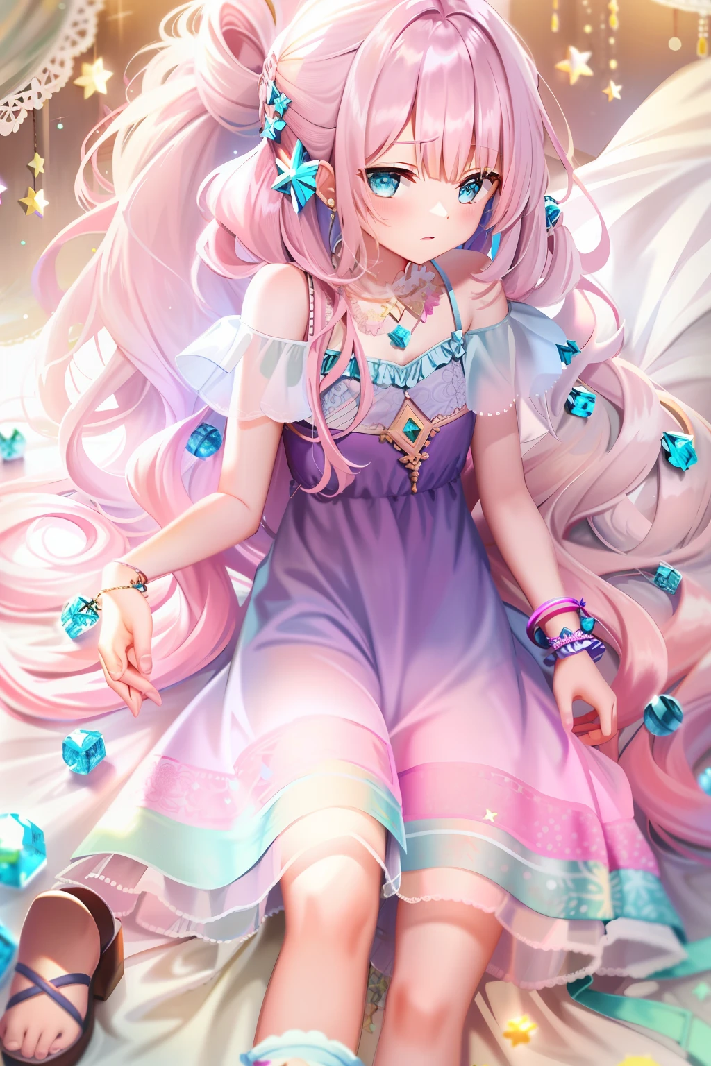 Long fluffy soft pink hair，Double dull hair，Turquoise blue eyes，Star bracelet，Yellow dress with white lace，Dark purple short-sleeved top，Pink sandals，1girll