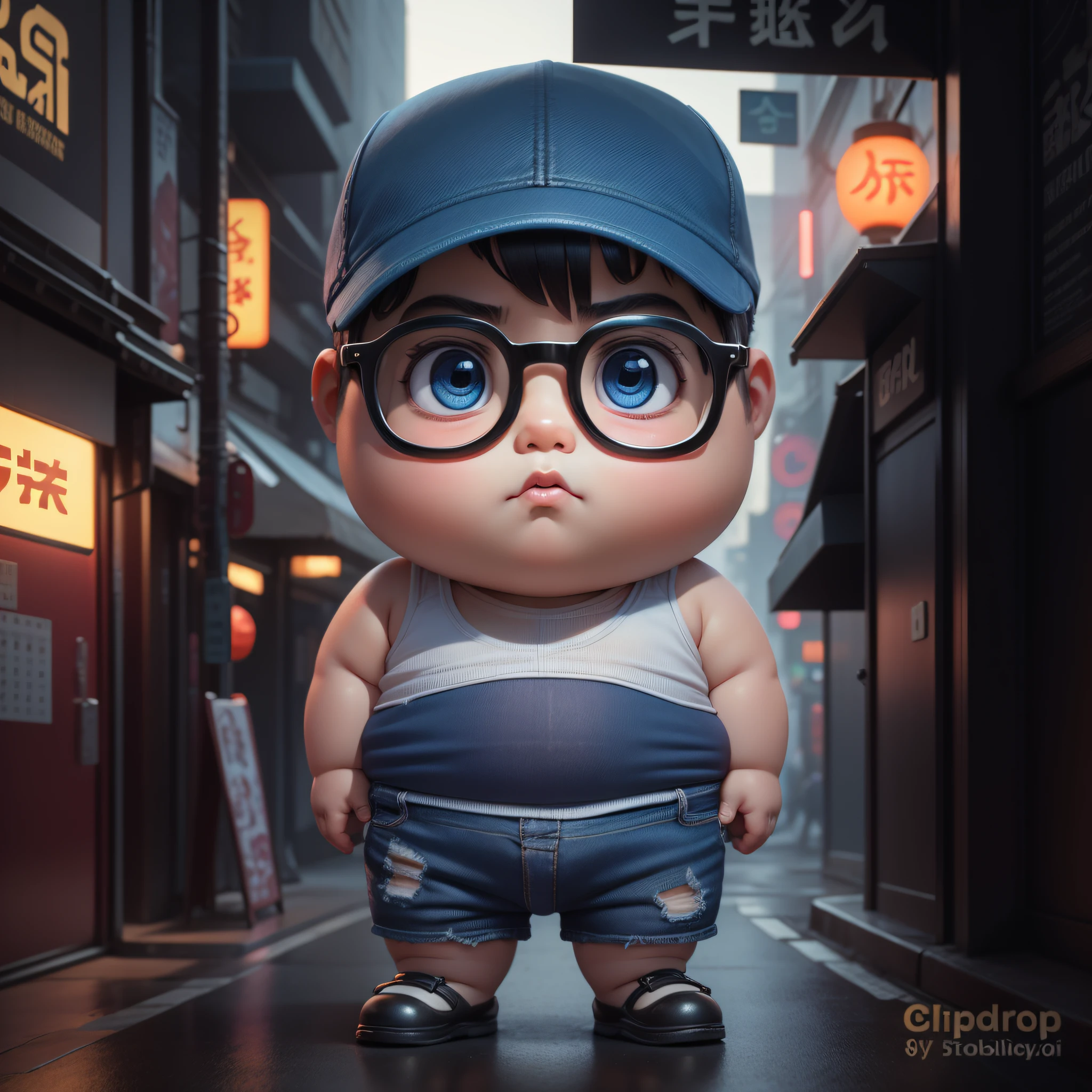 photographic portrait full body 3d render of young chubby baby face chinese man, wear spectacle, wear white tank top, wear blue denim shorts, dark short hair, chubby face, detail face, realistic eyes, detail fingers, as a full body funko pop toy, cyberpunk japan background, sigma 85mm f/1.4, 15mm, 35mm, 4k, high resolution, 4k, 8k, hd, full color, photo realistic street with cyberpunk blade runner japan night style