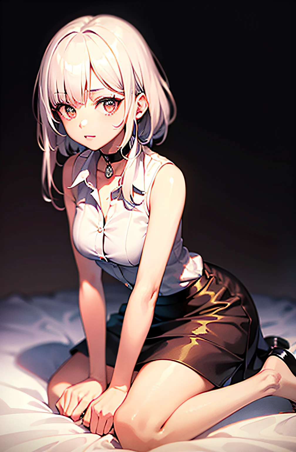 best quality, ultra high res, 1girl, sleeveless white button shirt, black skirt, black choker, cute, (Kpop idol), (aegyo sal:1), (platinum blonde hair:1), ((puffy eyes)), looking at viewer, full body, facing front
