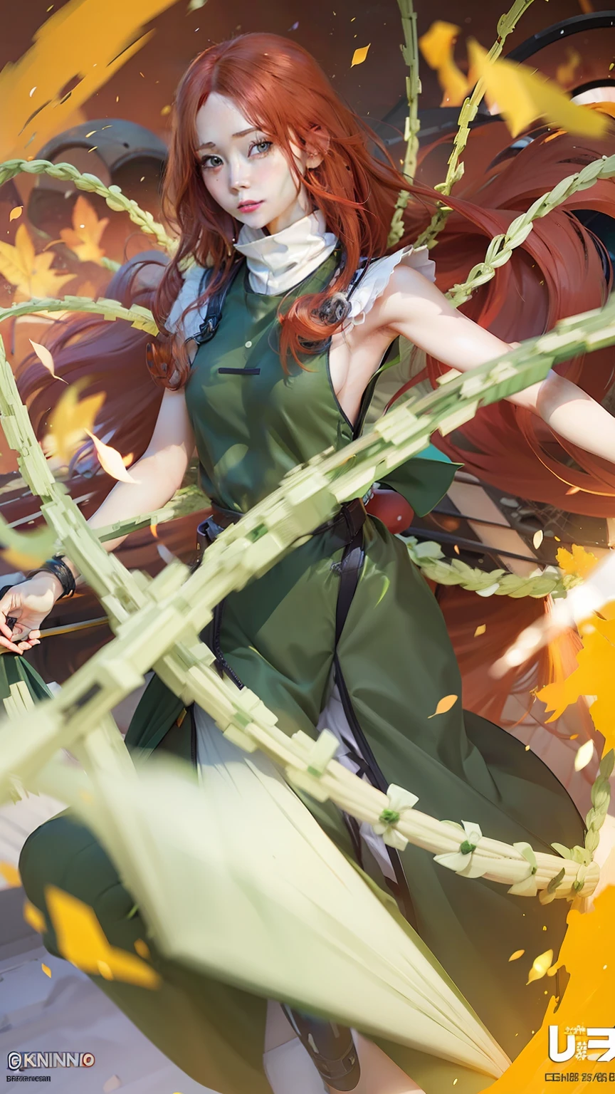 1girl, kushina, redhair hair, green clothes, blue eyes, realistic, ultra detail