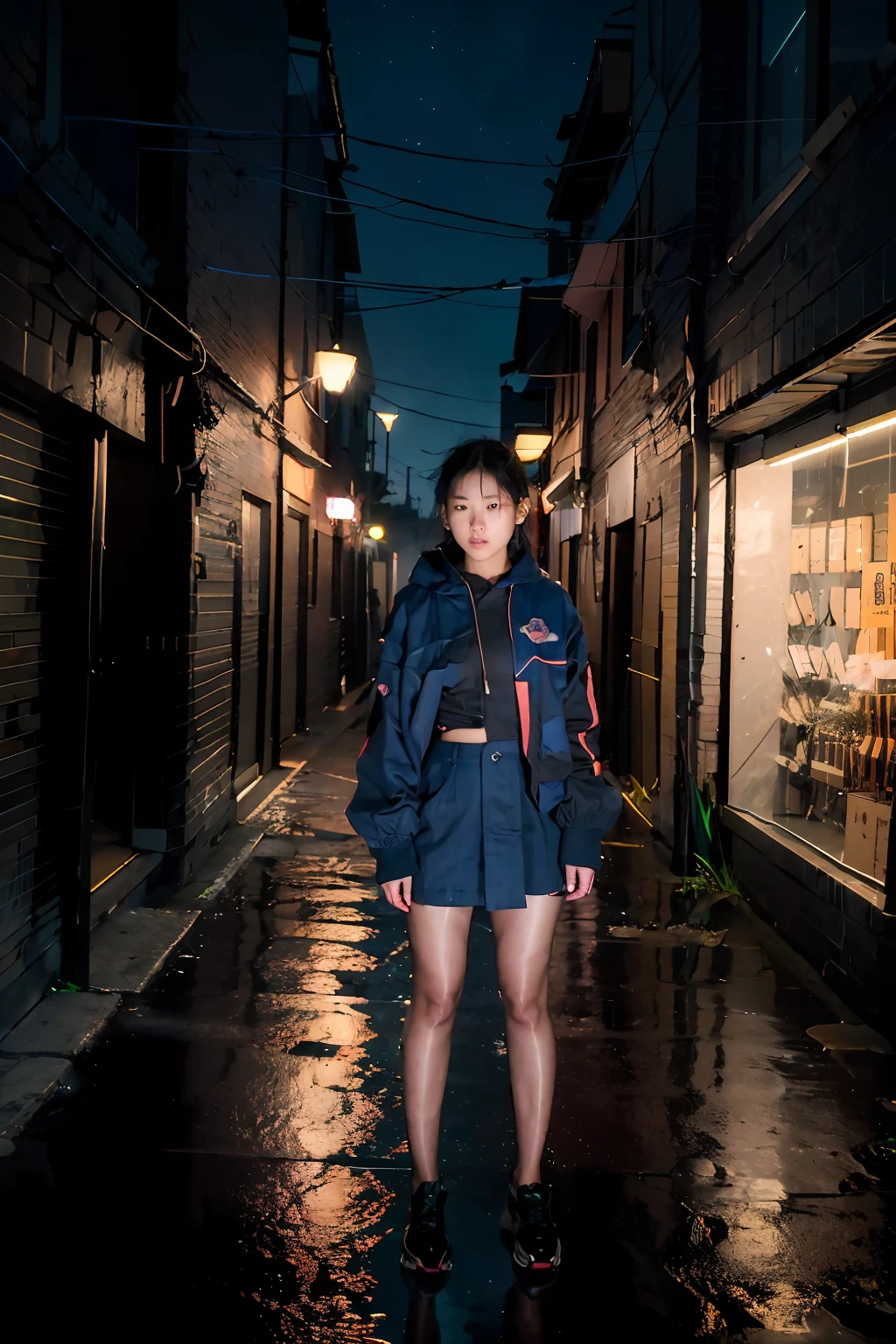 Ray Tracing, realistic, dramatic, 1girl, 16 years old korean cute girl, night sky, midnight, dark place, dark forest, dark shadow, (dim light, :1.4), (rim lighting:1.1), (two tone lighting:1.1), urban landscape, cityscape, downtown, from above, reflections on wet pavement, dark alleys, smoky atmosphere, trendy skirt, pantyhose, sneakers