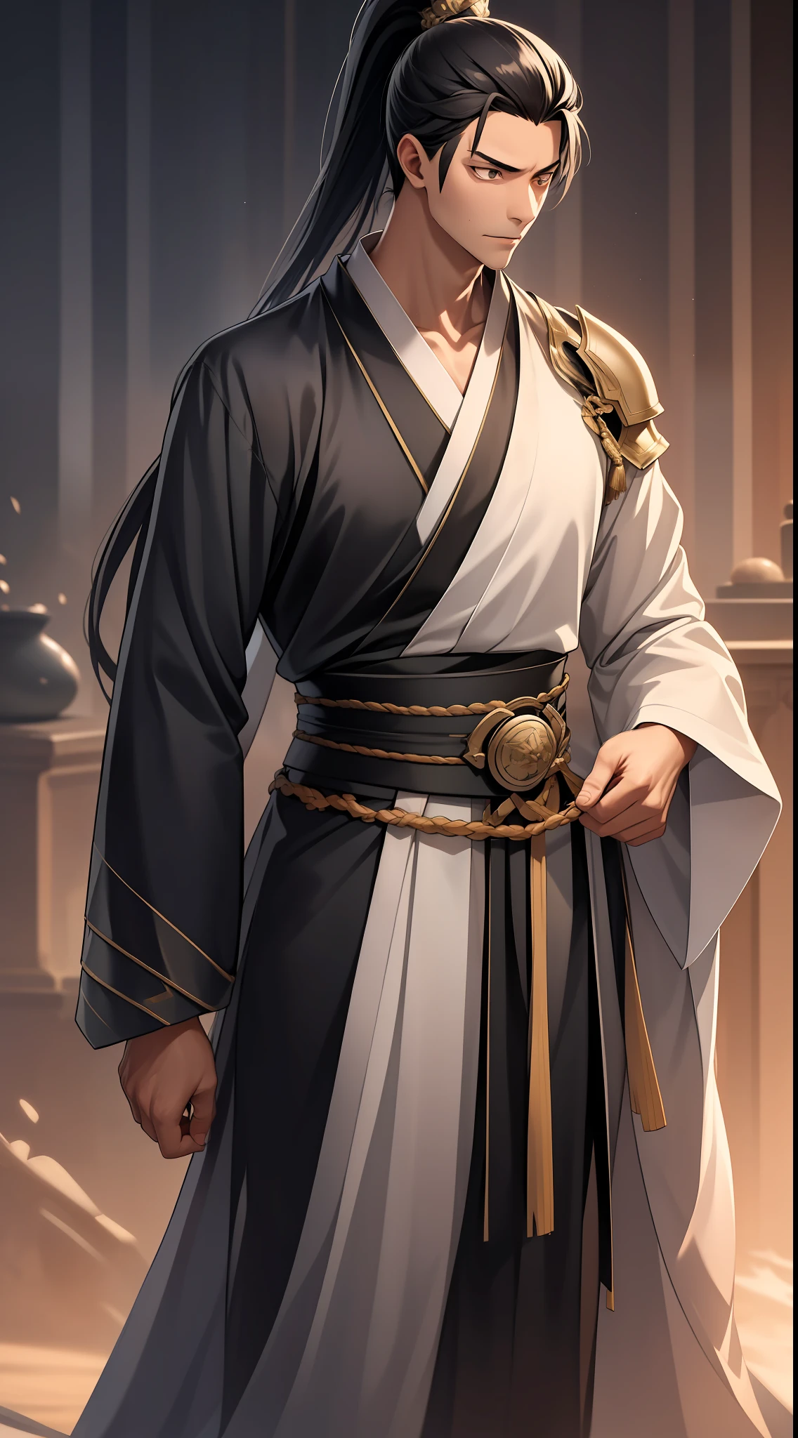 quadratic element，style of anime，mtu（Male Warrior），The proportions are correct，Face details，swordsmen，High ponytail hairstyle，Neck details，There is an Adam's apple，Black Hanfu，kaftan，black toga，clothes details，Handing over，longer sleeves，Game quality，Swordsmanship，Light and shadow tracking，Ray traching，detailed glow，cg render，hair detail，cabelos preto e longos，Black ㇏ eyes，Handsome，Handsome，（juvenile sense），Clothing is complicated，Perfectcomposition，Refinement，high qulity，higher details，Lots of details，The background is complex，a sense of atmosphere，