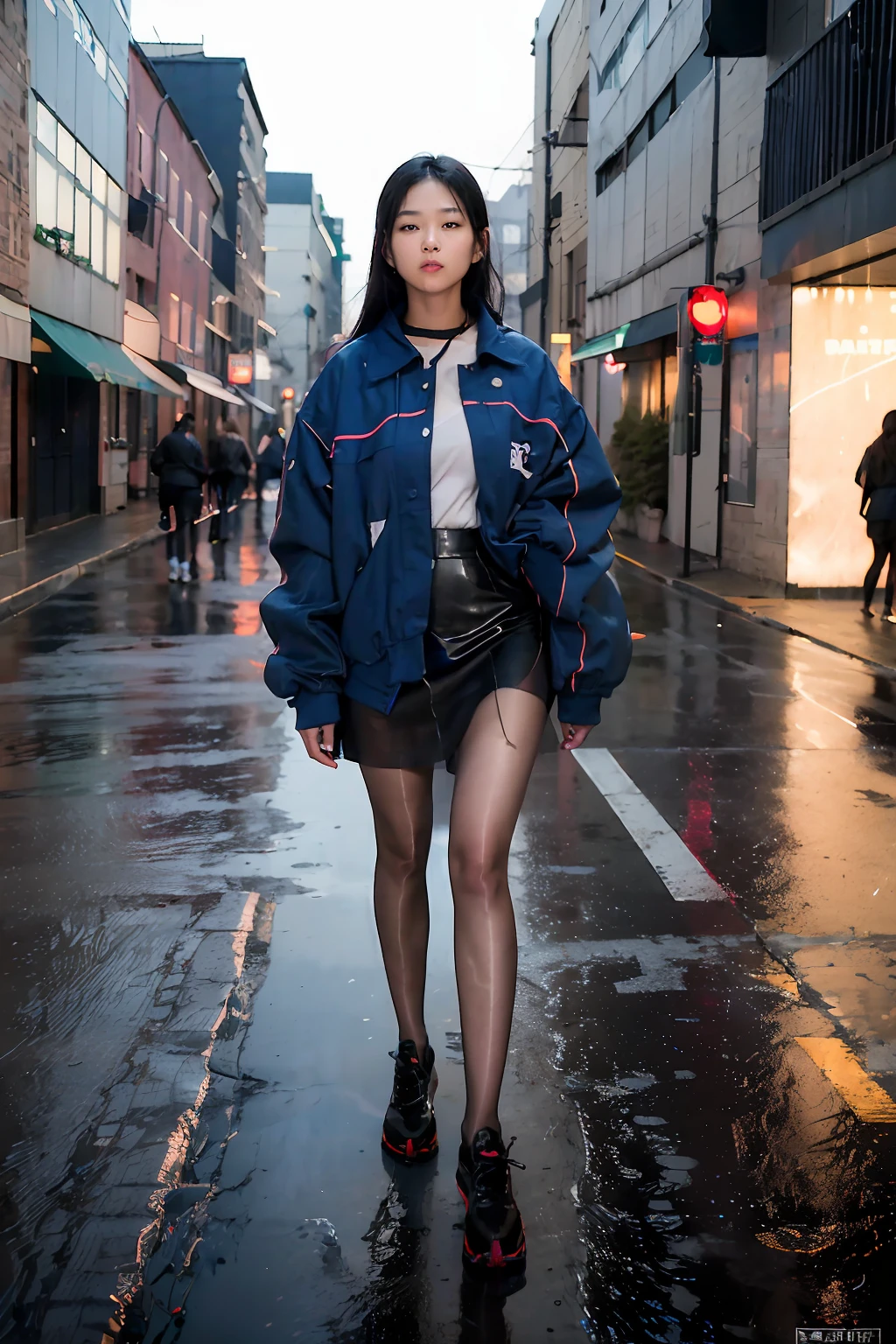 Ray Tracing, realistic, dramatic, 1girl,  korean cute girl, night sky, midnight, dark place, dark forest, dark shadow, (dim light, :1.4), (rim lighting:1.1), (two tone lighting:1.1), urban landscape, cityscape, downtown, from above, reflections on wet pavement, dark alleys, smoky atmosphere, trendy skirt, pantyhose, sneakers