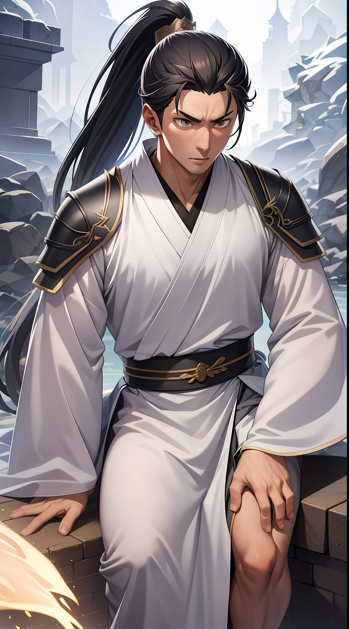 quadratic element,style of anime,mtu(Male Warrior),The proportions are correct,Face details,swordsmen,High ponytail hairstyle,Neck details,There is an Adam's apple,Black Hanfu,kaftan,black toga,clothes details,Handing over,longer sleeves,Game quality,Swordsmanship,Light and shadow tracking,Ray traching,detailed glow,cg render,hair detail,cabelos preto e longos,Black ㇏ eyes,Handsome,Handsome,(juvenile sense),Clothing is complicated,Perfectcomposition,Refinement,high qulity,higher details,Lots of details,The background is complex,a sense of atmosphere,