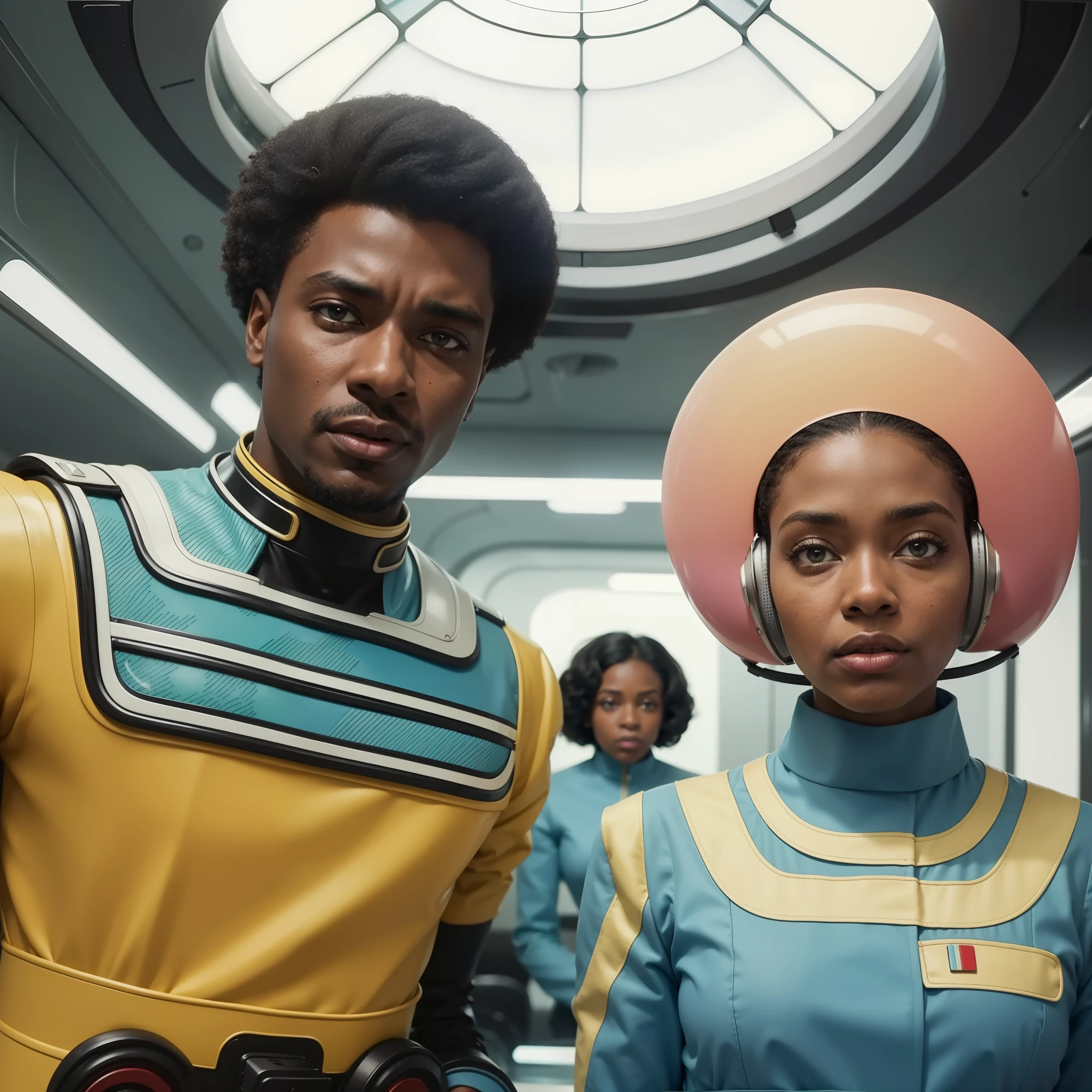 4k image from a 1960s science fiction film by Wes Anderson, Filme O Grande Hotel Budapeste, pastels colors, A black man and a black woman wearing a helmet 
of glass and a person in the background wearing retrofuturistic alien masks and holding colorful suitcases and chests on the bus, Retro-futuristic fashion clothes from the 60s with old robots, Luz Natural, Psicodelia, futurista estranho, retro-futurista, photo-realistic, Sharp background details.