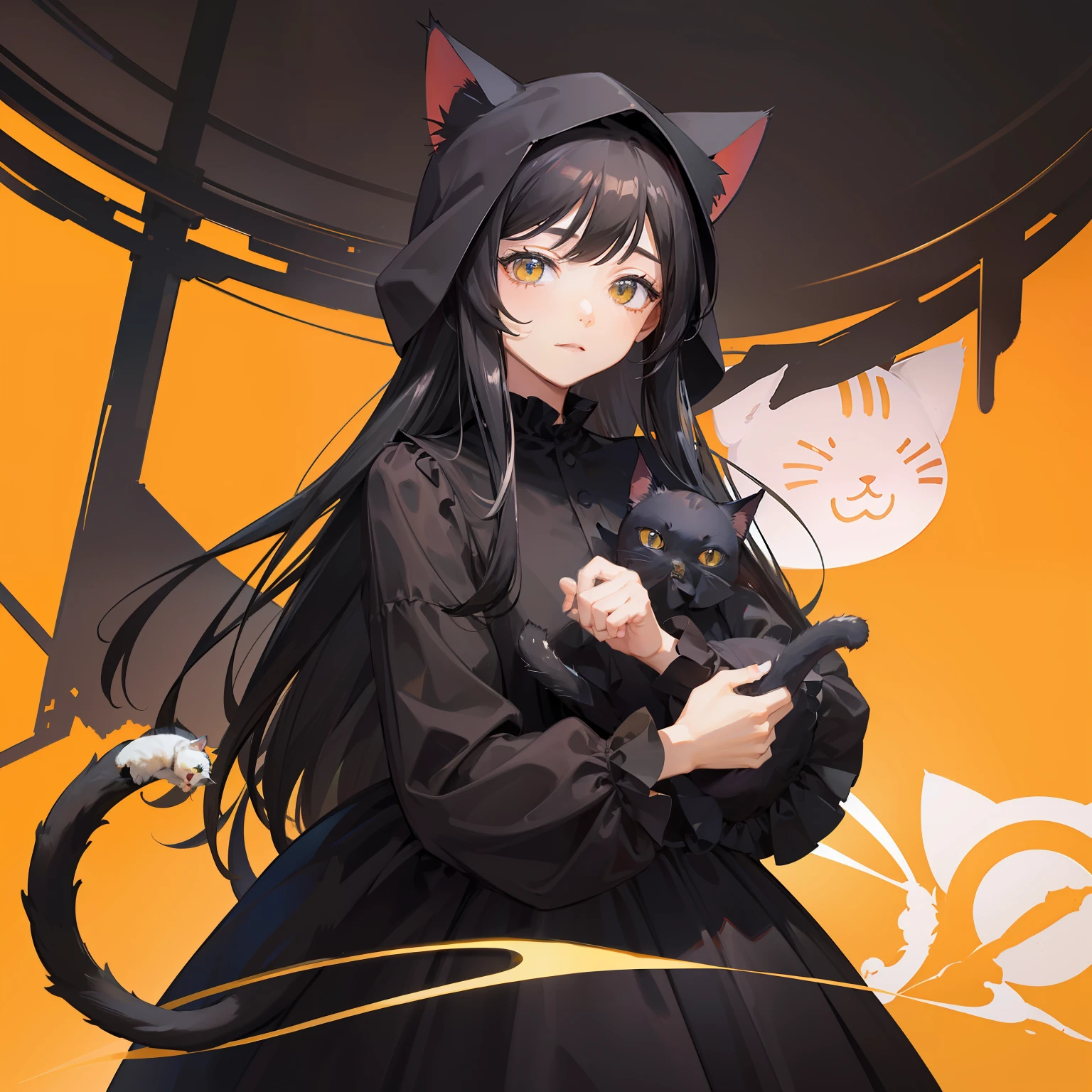 ​masterpiece、hightquality、vivd colour、(((Long Black Hair)))、(((Cat costume)))、((()))