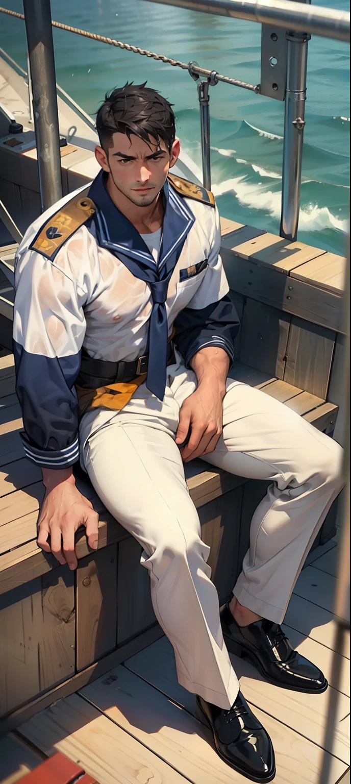 masterpiece, best quality, face, natural eyes, 1man, european, big feet, (no shoes), in suit, leather shoe, black socks, full body, naked, a naked male, naked mature and handsome male, large bulge, long legs, looking at viewer, 30 years old, navy uniform, muscled and mature, short haircut, a mature sailor weaing navy uniform sitting on the ship deck, wet body, wet clothing, white fluids on body, hot, sweating, flush, steaming,  erecting, huge