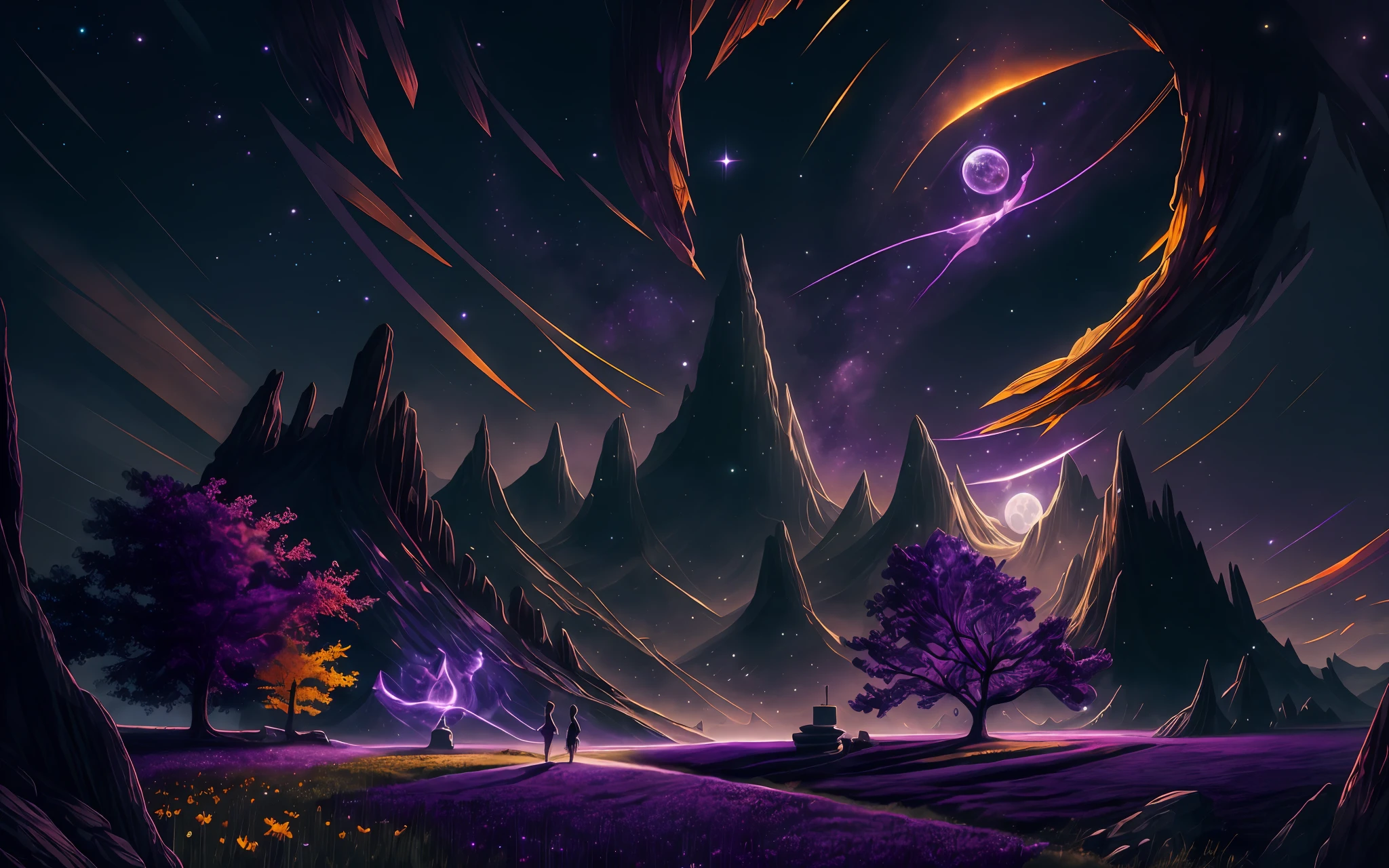 expansive landscape photograph , (a view from below that shows sky above and open field below), a girl standing on flower field looking up, (full moon:1.2), ( shooting stars:0.9), (nebula:1.3), distant mountain, tree BREAK
production art, (warm light source:1.2), (Firefly:1.2), lamp, lot of purple and orange, intricate details, volumetric lighting, realism BREAK
(masterpiece:1.2), (best quality), 4k, ultra-detailed, (dynamic composition:1.4), highly detailed, colorful details,( iridescent colors:1.2), (glowing lighting, atmospheric lighting), dreamy, magical, (solo:1.2)