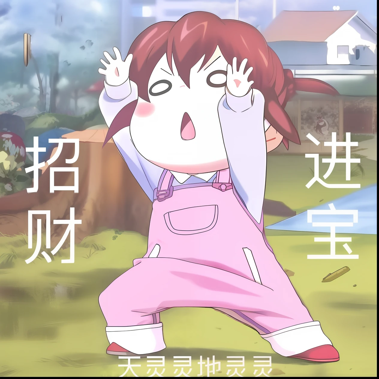 Anime characters with surprised expressions on posters with kanji, the anime girl is crouching, small li girl, yuruyuri, negao, shuushuu anime image, Middle metaverse, yume nikki, Female protagonist 👀 :8, iwakura lain, Loli, chihiro! fujisaki