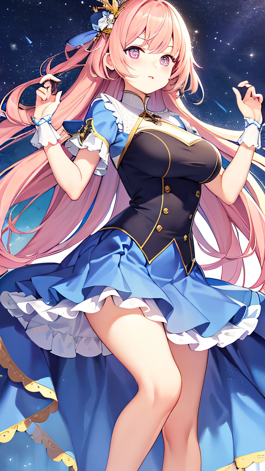 Best picture quality、tmasterpiece、full bodyesbian、legs long、Gorgeous princess skirt、blue backdrop、Pink eyes、short  skirt、largeeyes、delicated、Long flowing hair、kawaii、Cute sister