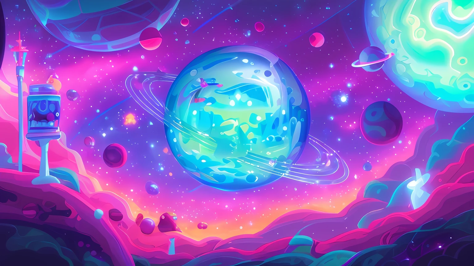 There is a cartoon picture of the space station,with a planet in the background, dreamy psychedelic anime, Fantasy space, in the astral plane ) ) ), cosmic space, in a space starry, holography space, colorful flat surreal ethereal, heaven planet in background, cosmic and colorful, In outer space, fantasy planet, Floating in outer space, In space, astral background