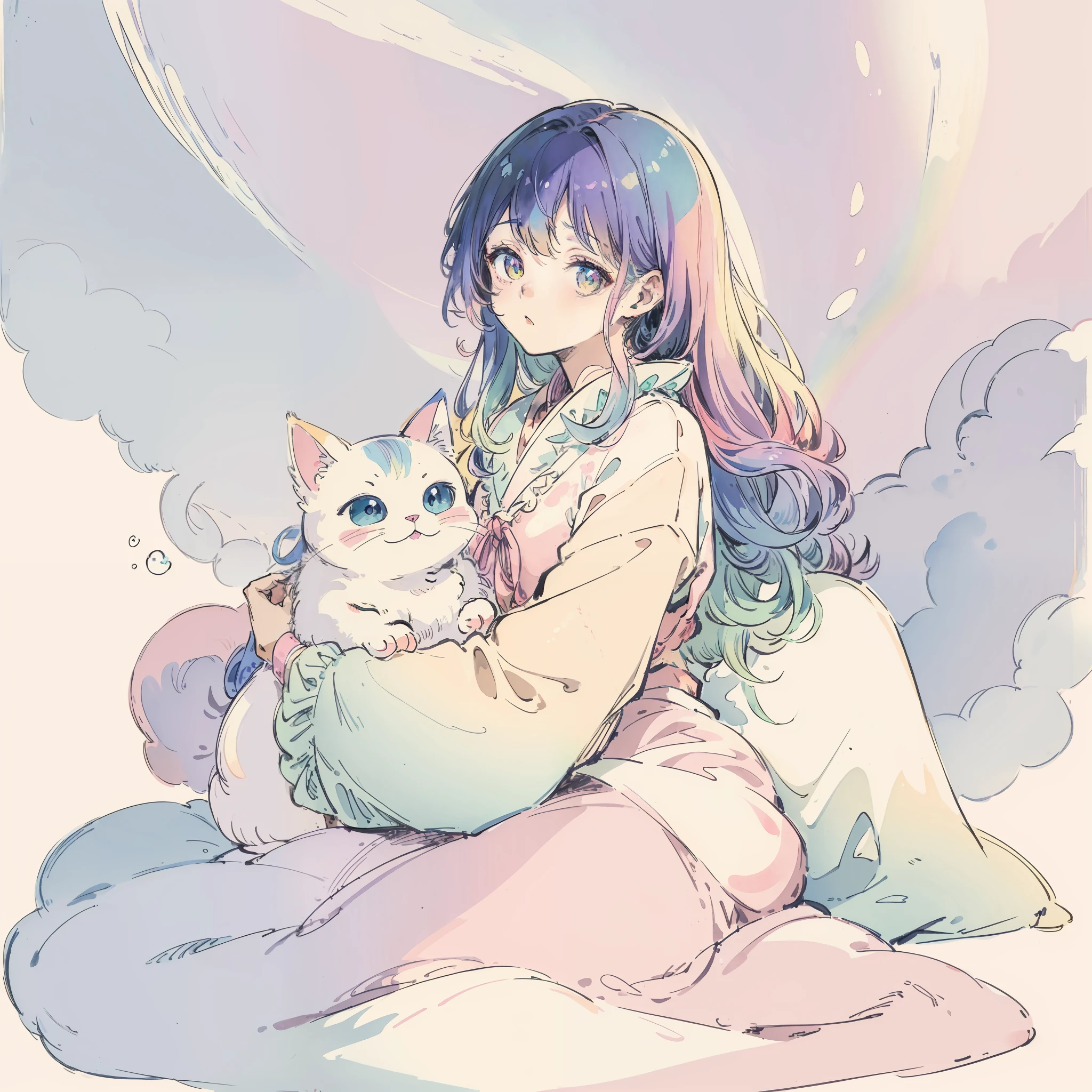 Yumekawa 、Cute as a dream、a pale、Moya、(​masterpiece、top-quality、top-quality、watercolor paiting(Curly)、Take a cute cat、Official art、Beautifully Aesthetic:1.2)、(a beauty girl:1.3)、patterns、(rainbow-colored hair、colourful hair:1.2)、Soap bubbles、Rainbow behind、​​clouds、colourfull、Soap bubbles、Hair spreads throughout、kawaii、pastels、Large ribbon、Lovely room、Rainbow Cat Plush Toy