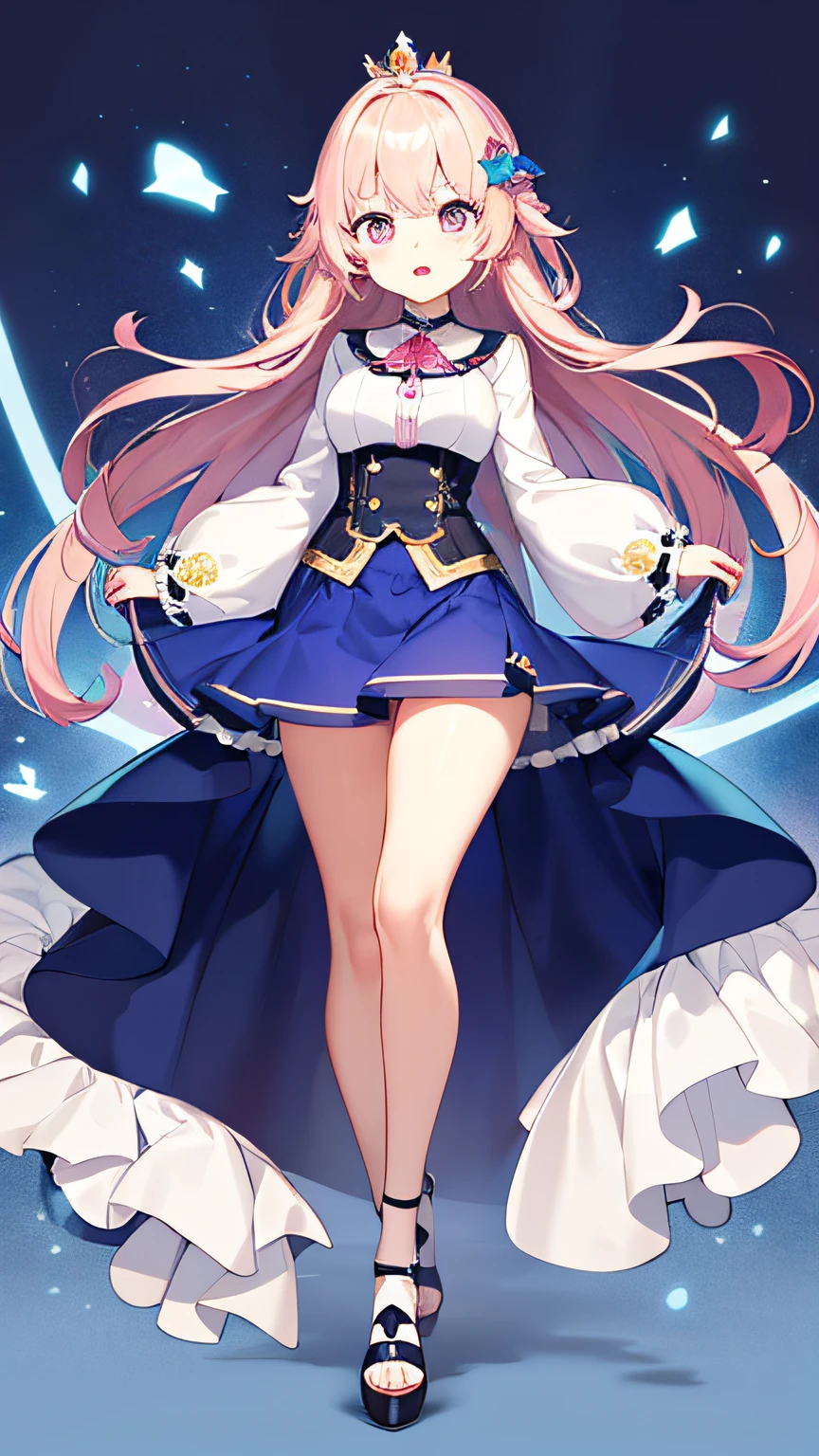 Best picture quality、tmasterpiece、full bodyesbian、legs long、Gorgeous princess skirt、blue backdrop、Pink eyes、short skirt、largeeyes、delicated、Long flowing hair、kawaii、Cute sister