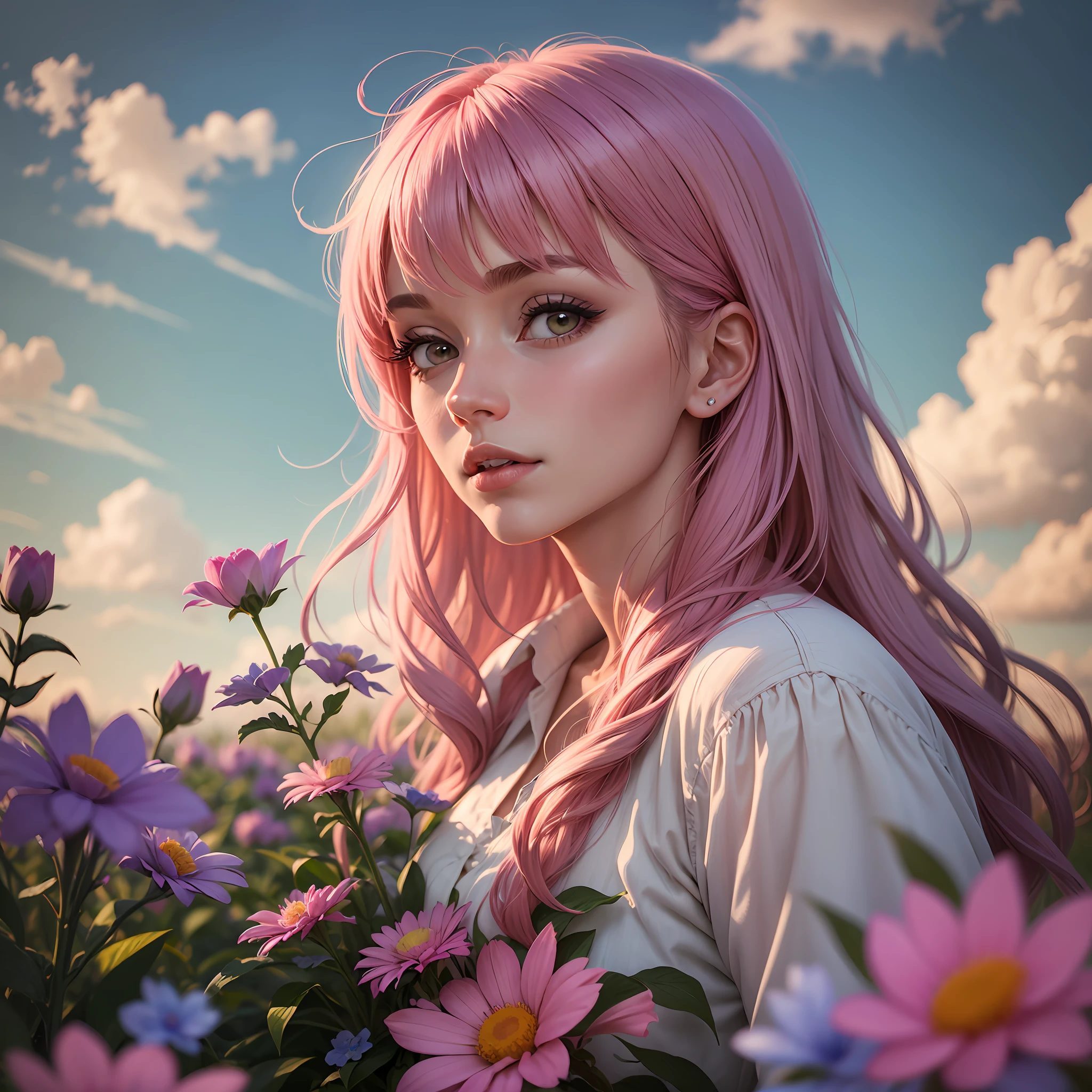 Beautiful 30 years old lady, pink hair, cloudy sky, surrounded by pink and blue flowers --auto --s2