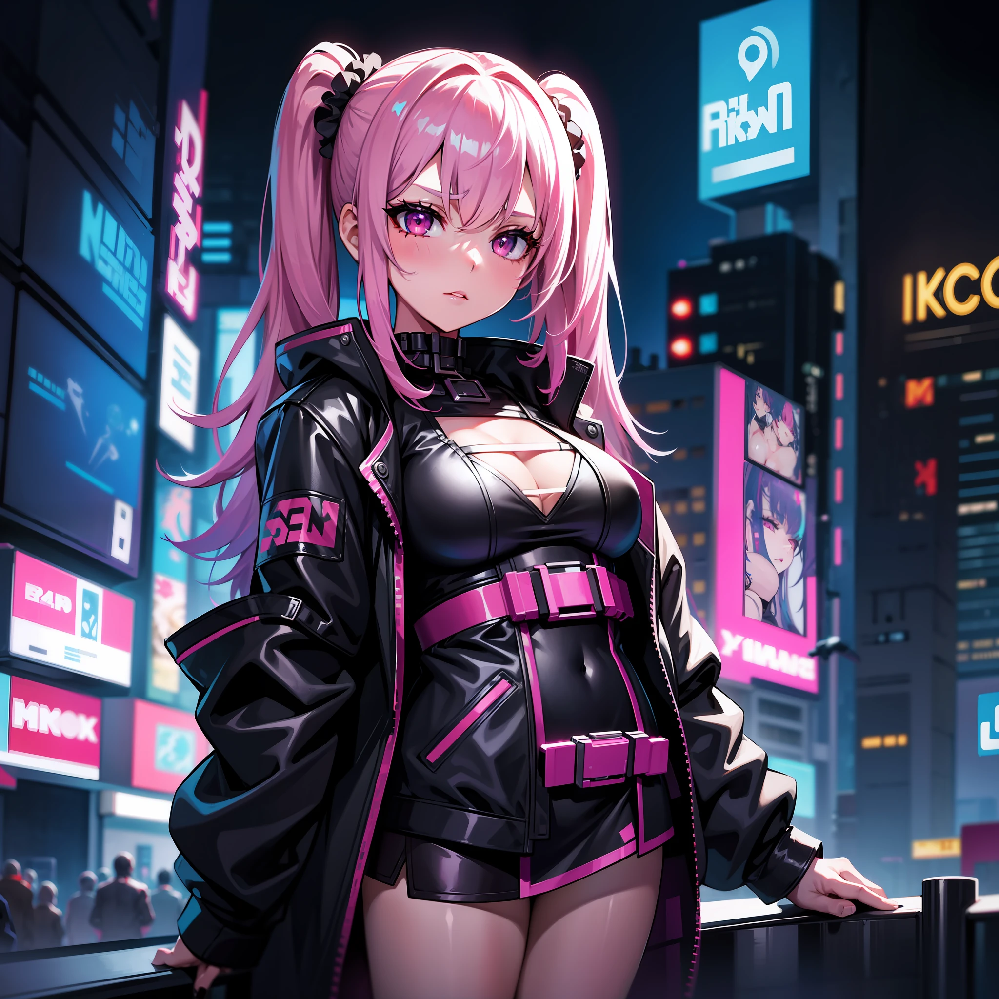 lucy \(cyberpunk\), 1girl, hair scrunchie, hime cut, silver hair, colored tips, full moon, gray eyes, jacket, long sleeves, looking at viewer, medium hair, colorful hair, parted bangs, parted lips, pink hair , portrait, red eyeliner, red lips, solo, white jacket, cyberpunk\(series\), cyberpunk city rainy night neon lights