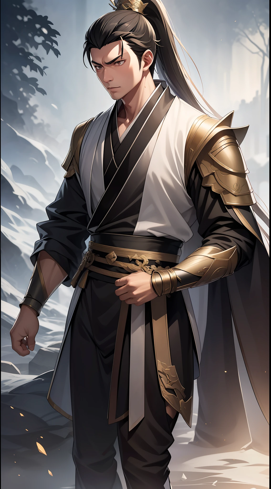 quadratic element，style of anime，mtu（Male Warrior），The proportions are correct，Face details，swordsmen，High ponytail hairstyle，Neck details，There is an Adam's apple，Black Hanfu，kaftan，black toga，clothes details，Handing over，longer sleeves，Game quality，Swordsmanship，Light and shadow tracking，Ray traching，detailed glow，cg render，hair detail，cabelos preto e longos，Black ㇏ eyes，Handsome，Handsome，（juvenile sense），Clothing is complicated，Perfectcomposition，Refinement，high qulity，higher details，Lots of details，The background is complex，a sense of atmosphere，