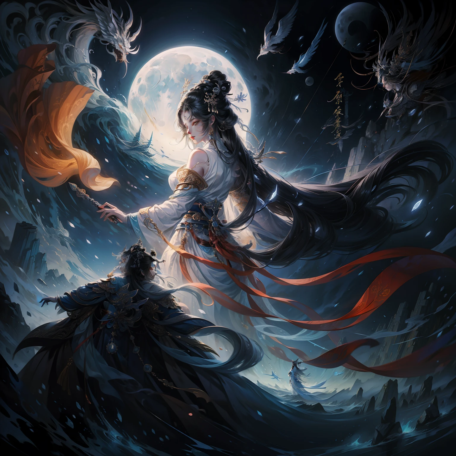 offcial art,Extremely detailed,Anime girl with sword and moon in background, lunar themed attire, lunar goddess, Goddess of the moon, trending on cgstation, Onmyoji detailed art, xianxia fantasy, lunar goddess, queen of the sea mu yanling, Beautiful celestial mage, heise jinyao, inspired by Luo Mu, G Liulian art style