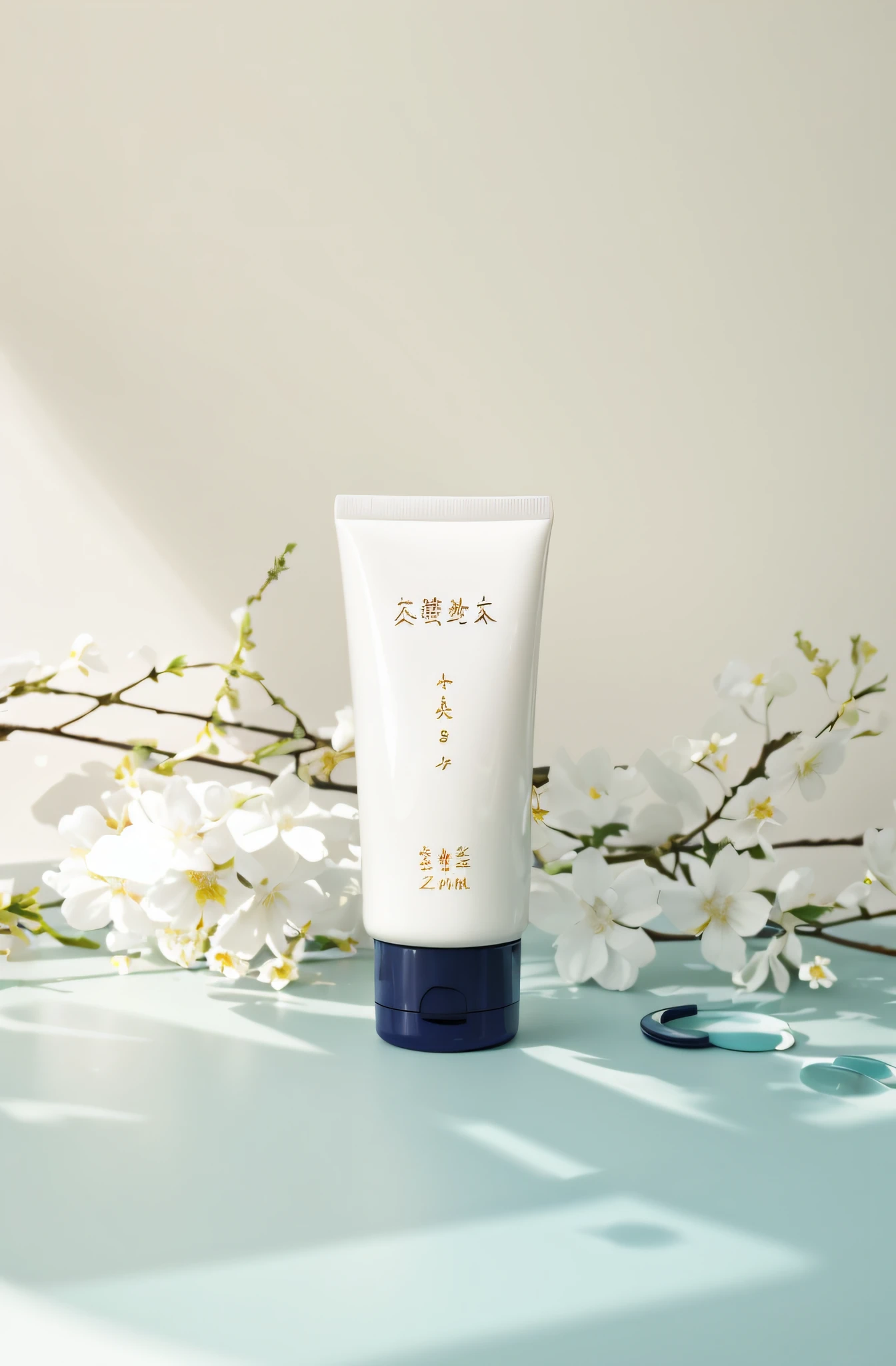 On the table was a tube of cream，There are flowers on it, Product photo, Official product image, product introduction photos, zun, ji-min, product image, Middle Metaverse, su fu, Smooth porcelain skin, professional product photo, shaxi, product introduction photos, japanese collection product, Clean face and body skin, Product photography