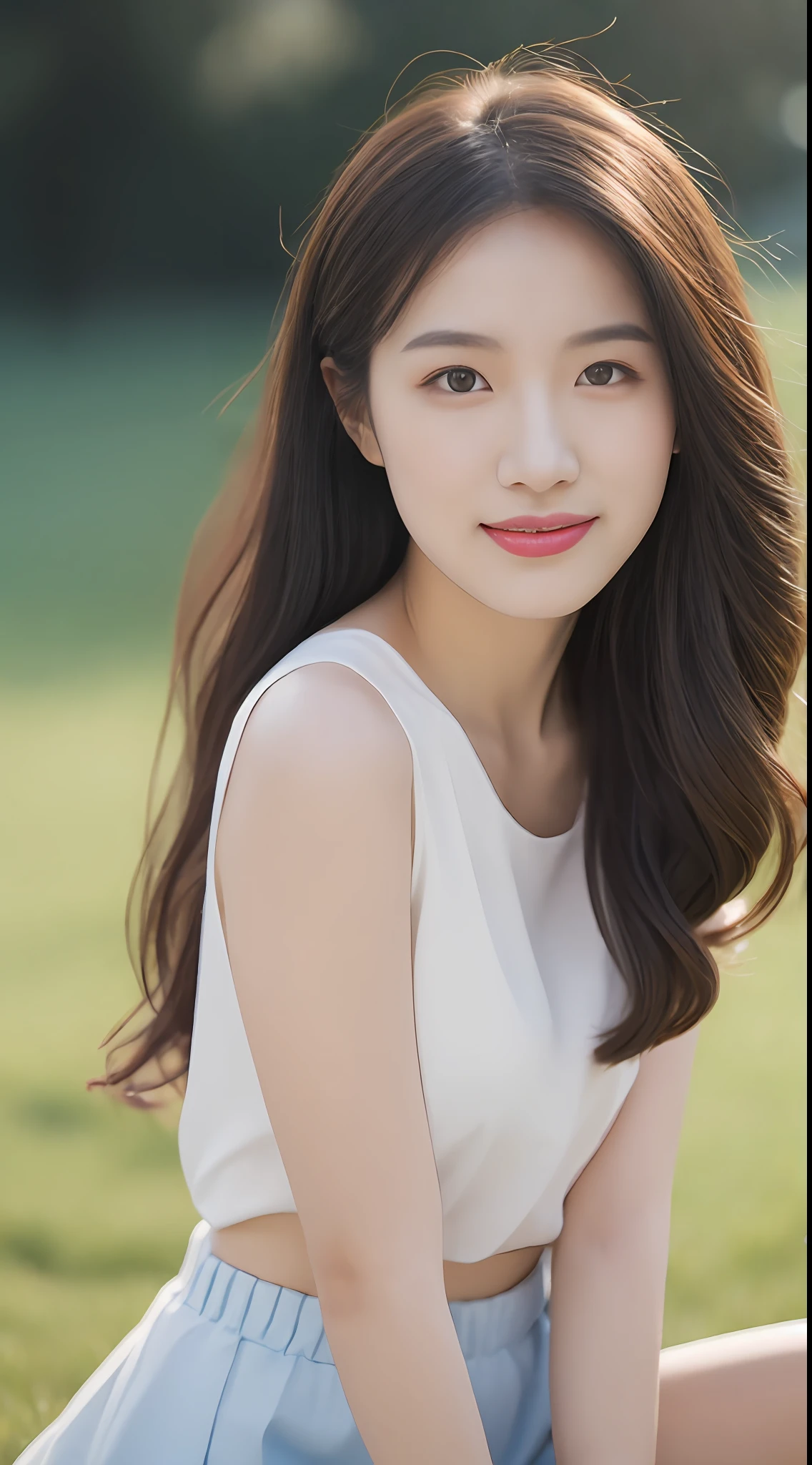 ((Need, 8K, tmasterpiece:1.3)), full bodyesbian,Medium build,Long legs,blacksilk,high-heels,Beautiful cute long-haired girl,Highest image quality,Beautiful graphics,largeeyes,long eyelasher,Black color hair,Printed skirt,Perfect facial features,Clear face,Delicate red lips,ssmile,with blue sky and white clouds,Gentle light,Sitting on the grass,grassland background,