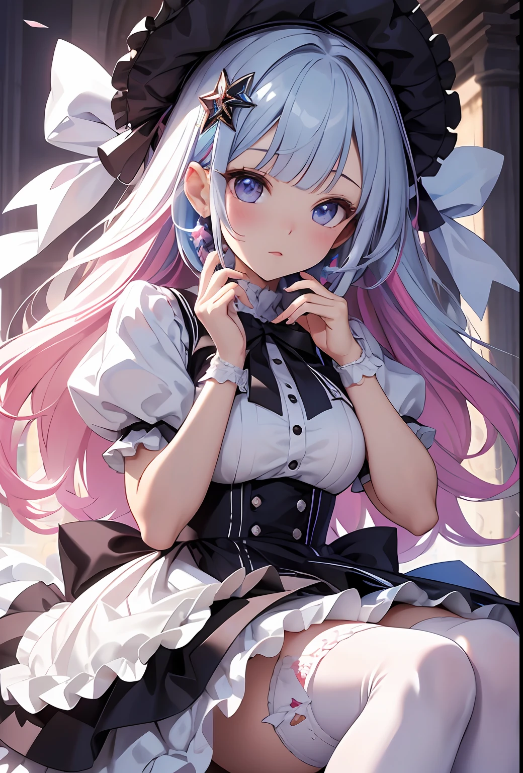 best qualityer,tmasterpiece,Ultimate resolution,downy,Extremely colorful,Colorful,Big high school girl,ta long dress, white stockings,Muffin shoes,closeup of face